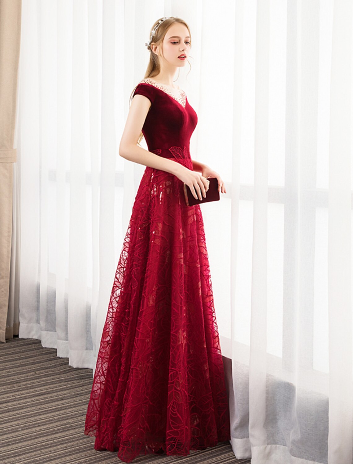 Wholesa A-Line Prom Dresses Glittering Dress Engagement Prom Floor Length Short Sleeve Jewel Neck Tulle with Pleats Crystals Pattern / Print