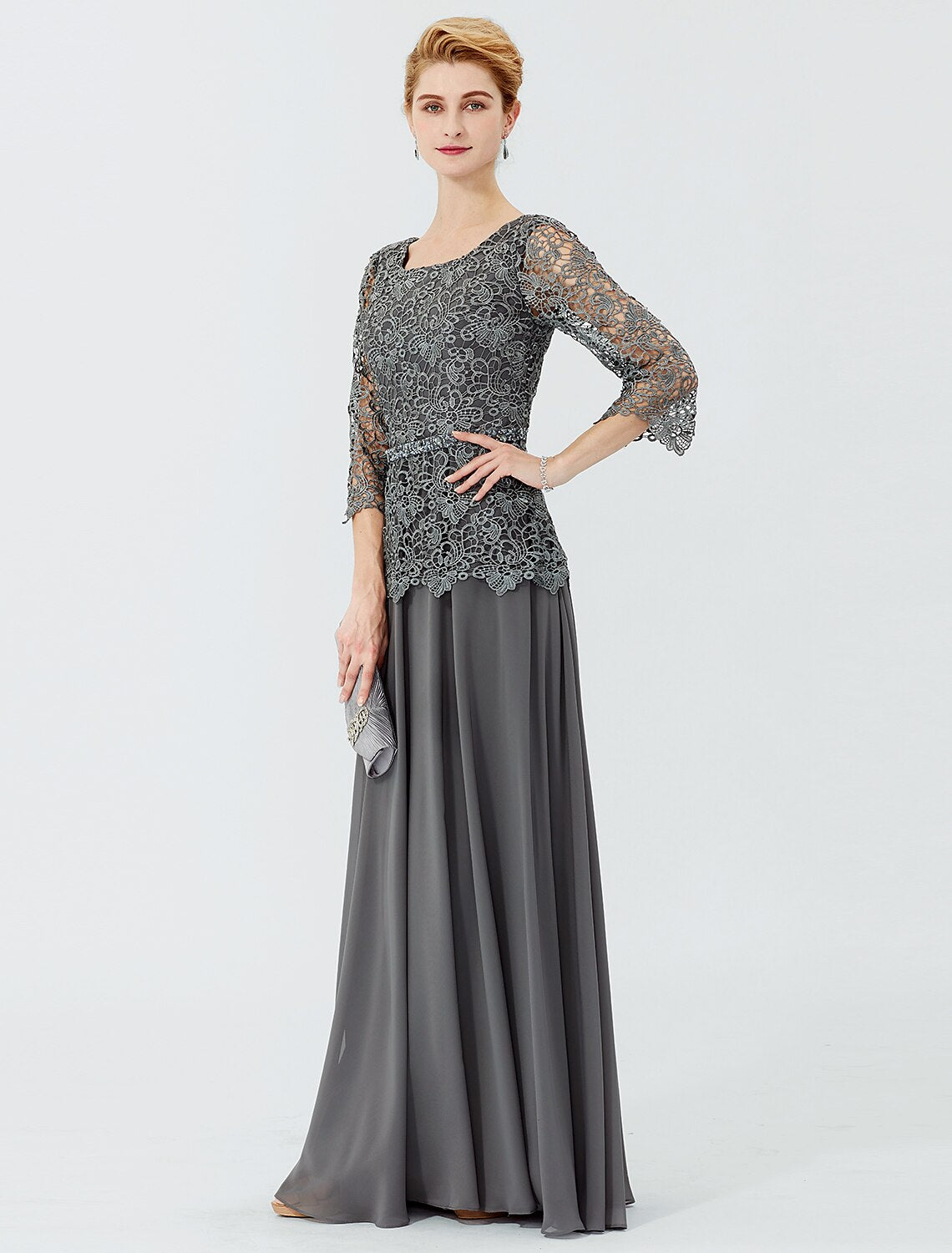 wholesale   Ball Gown A-Line Mother of the Bride Dress Formal Classic & Timeless Elegant & Luxurious Elegant Scoop Neck Floor Length Chiffon Corded Lace 3/4 Length Sleeve with Sashes / Ribbons Beading