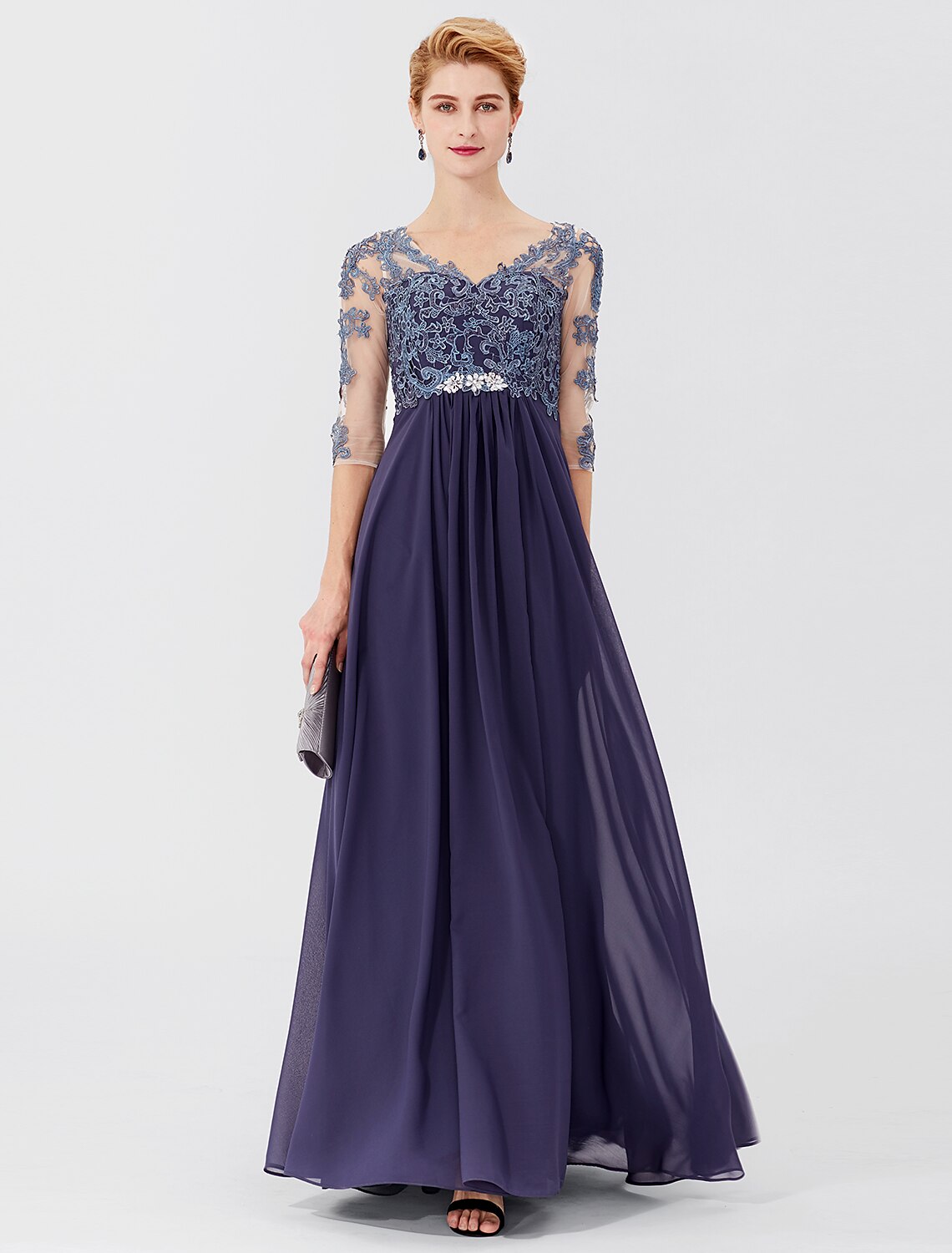 wholesale  Ball Gown A-Line Mother of the Bride Dress Formal Plus Size Elegant V Neck Floor Length Chiffon Sheer Lace 3/4 Length Sleeve with Crystals Appliques