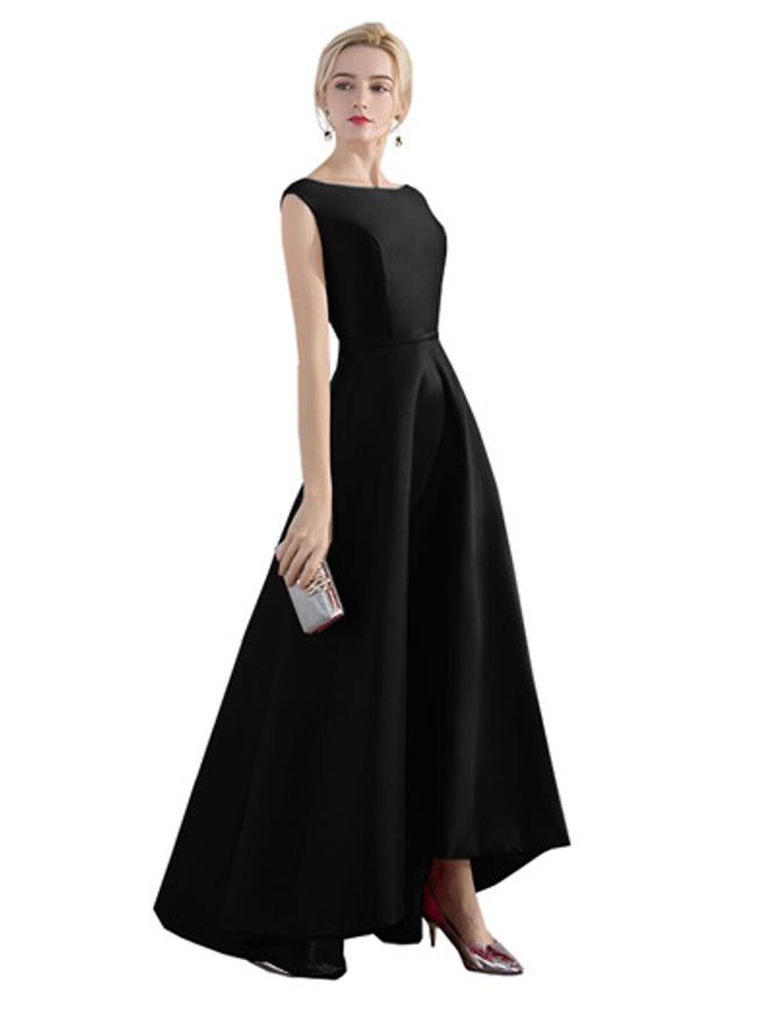 wholesa A-Line Evening Gown Minimalist Dress Party Wear Formal Evening Asymmetrical Sleeveless Jewel Neck Satin with Sleek
