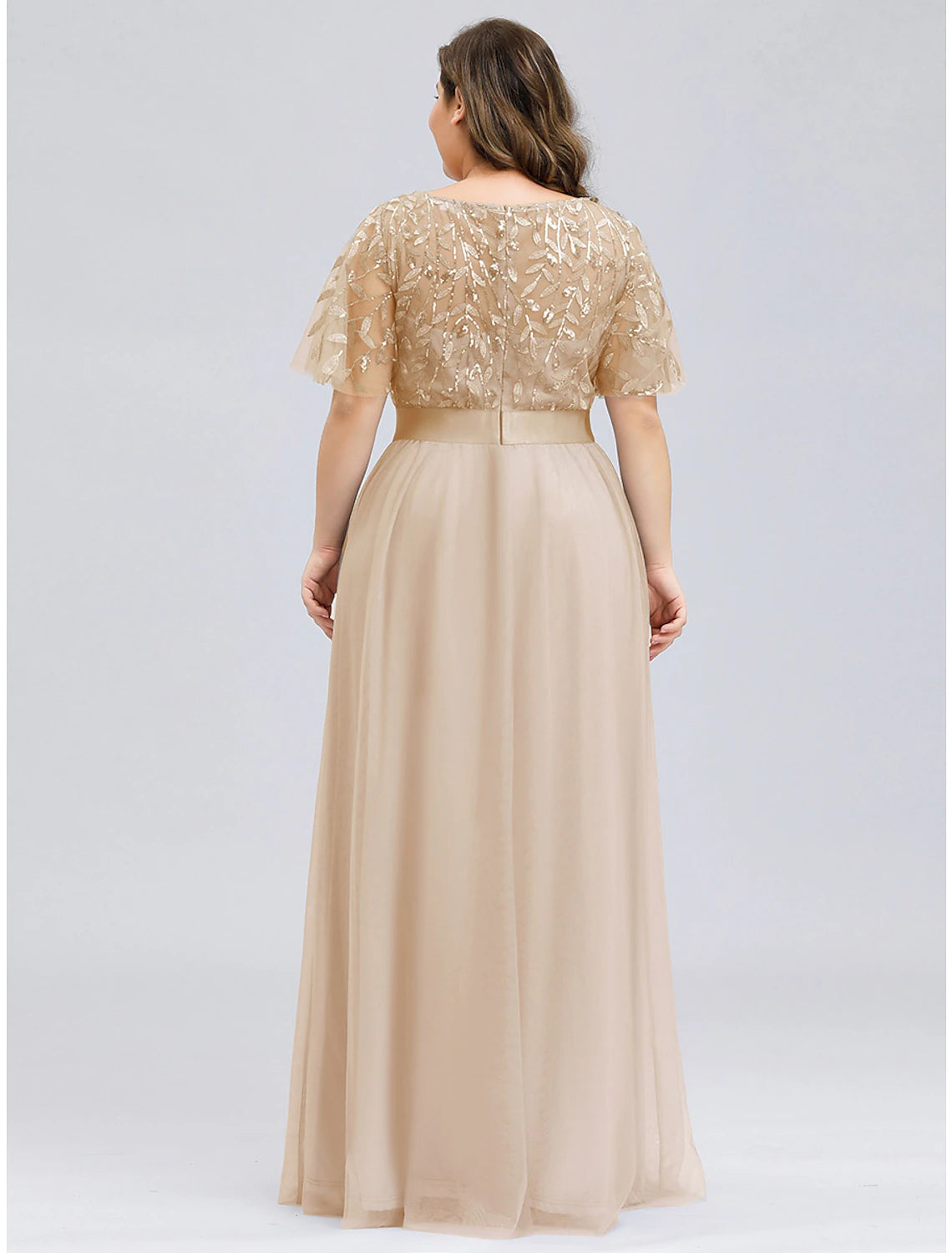 Wholesa A-Line Prom Dresses Plus Size Dress Wedding Guest Prom Floor Length Short Sleeve Jewel Neck Bridesmaid Dress Chiffon with Appliques