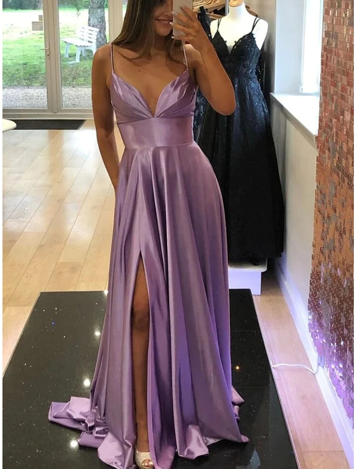Wholesa A-Line Prom Dresses Empire Dress Wedding Party Black Tie Gala Court Train Sleeveless V Neck Charmeuse Backless with Slit