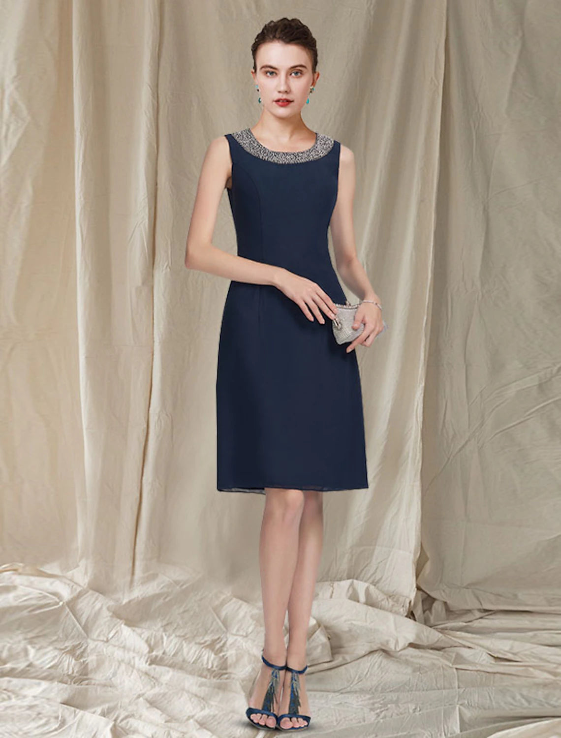 wholesale  Two Piece Sheath / Column Mother of the Bride Dress Elegant Jewel Neck Knee Length Chiffon Sleeveless Jacket Dresses with Beading Sequin