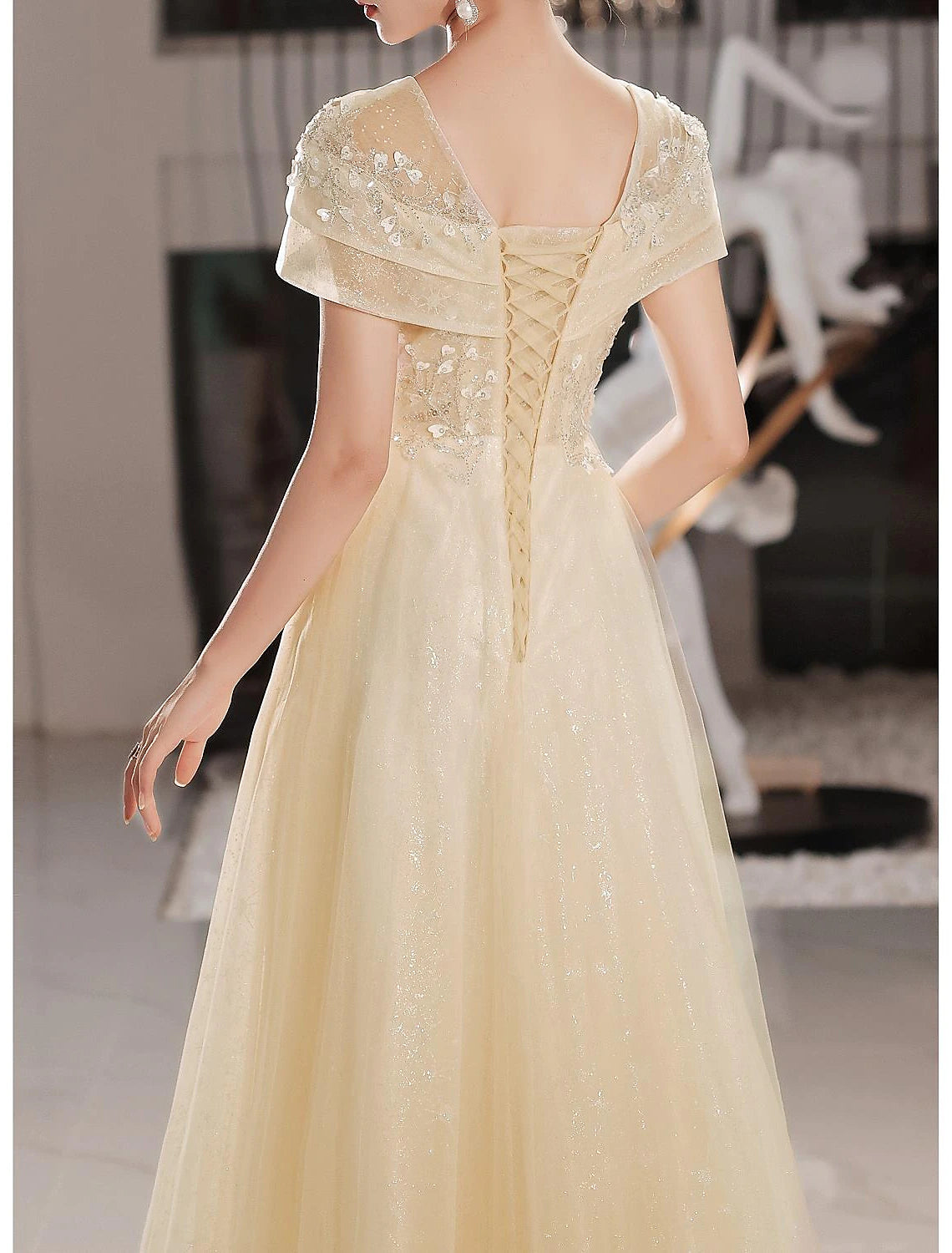Wholesa A-Line Beautiful Back Elegant Prom Formal Evening Dress Jewel Neck Short Sleeve Floor Length Lace with Beading Appliques