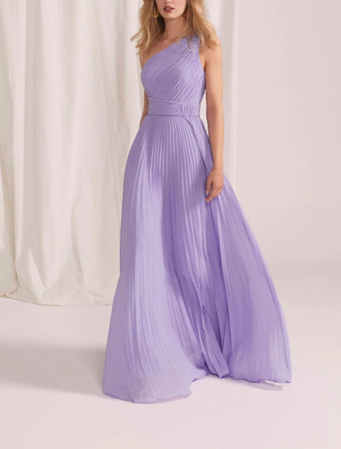 Wholesa A-Line Evening Gown Elegant Dress Wedding Guest Formal Evening Floor Length Sleeveless One Shoulder Chiffon with Pleats