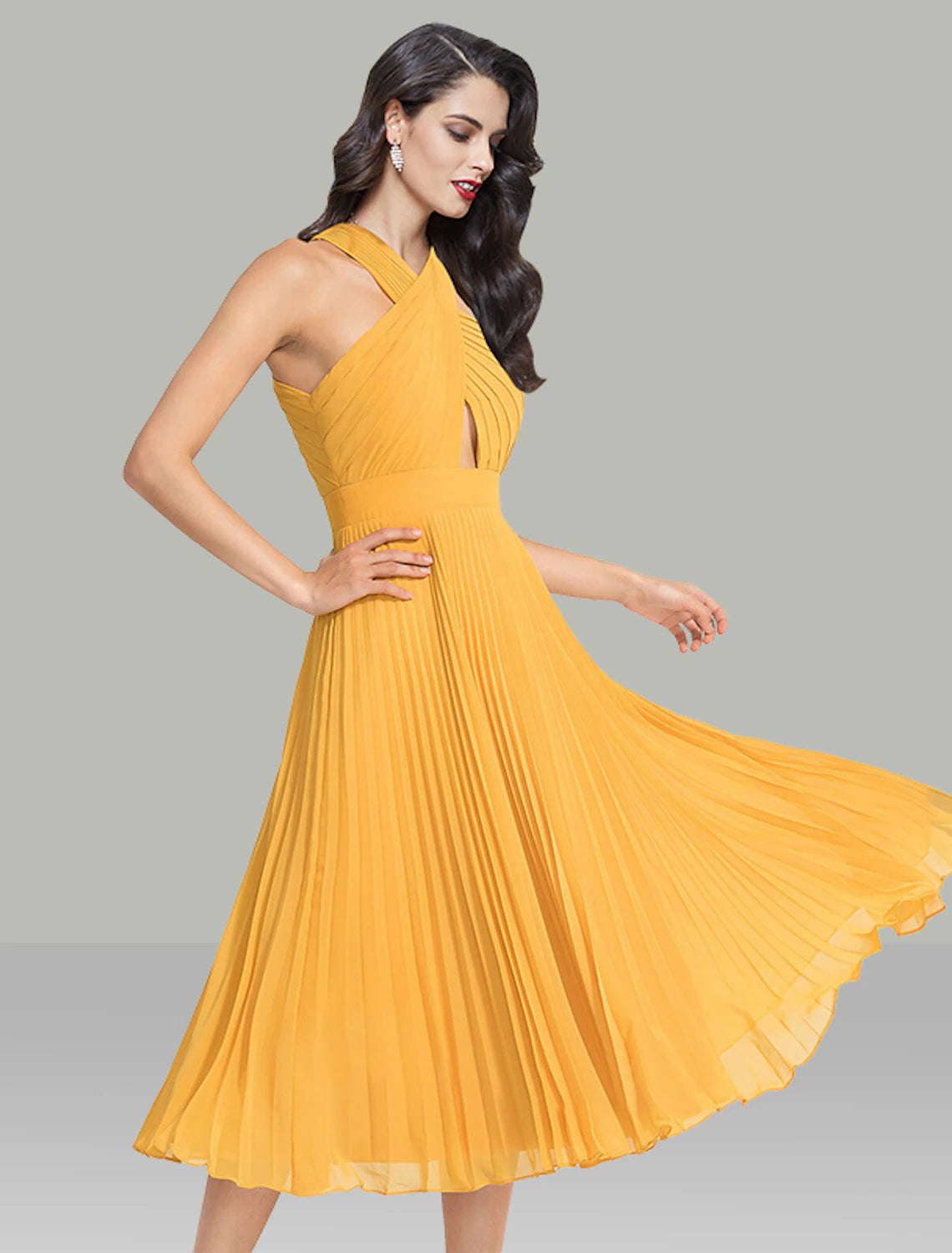 Wholesa  A-Line Wedding Guest Dresses Elegant Dress Cocktail Party Wedding Party Tea Length Sleeveless Halter Neck Chiffon with Ruched