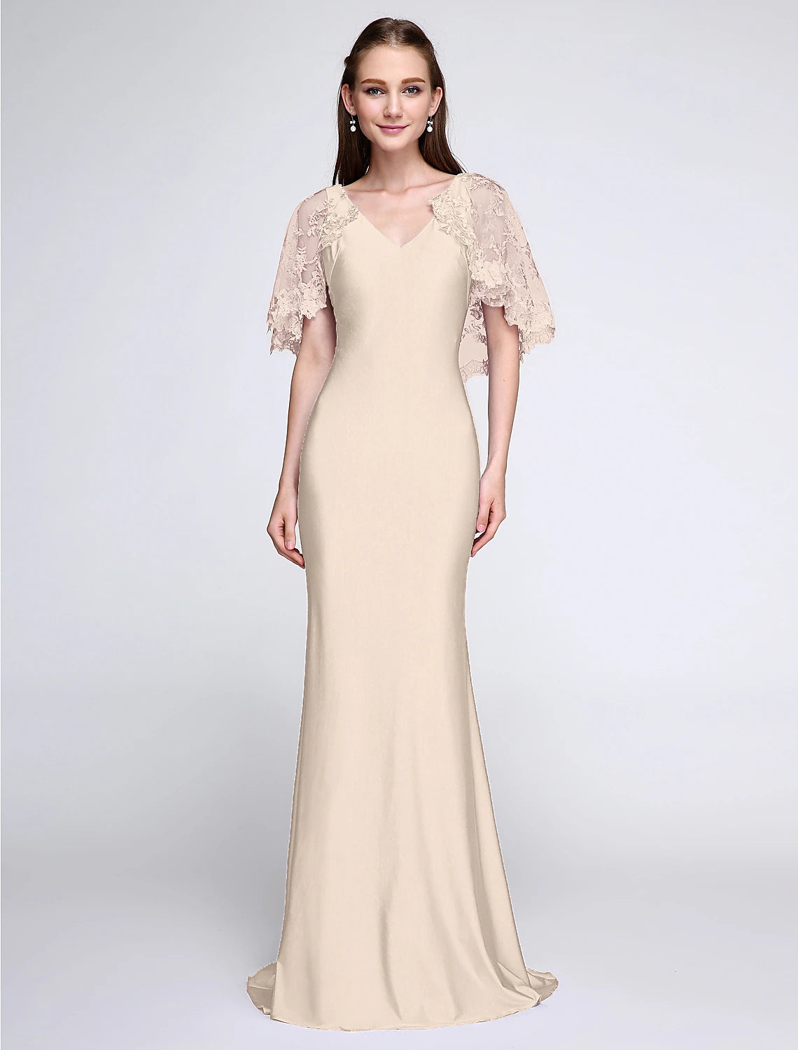 wholesale  Mermaid / Trumpet Bridesmaid Dress V Neck Sleeveless Wrap Included Sweep / Brush Train Jersey with Lace