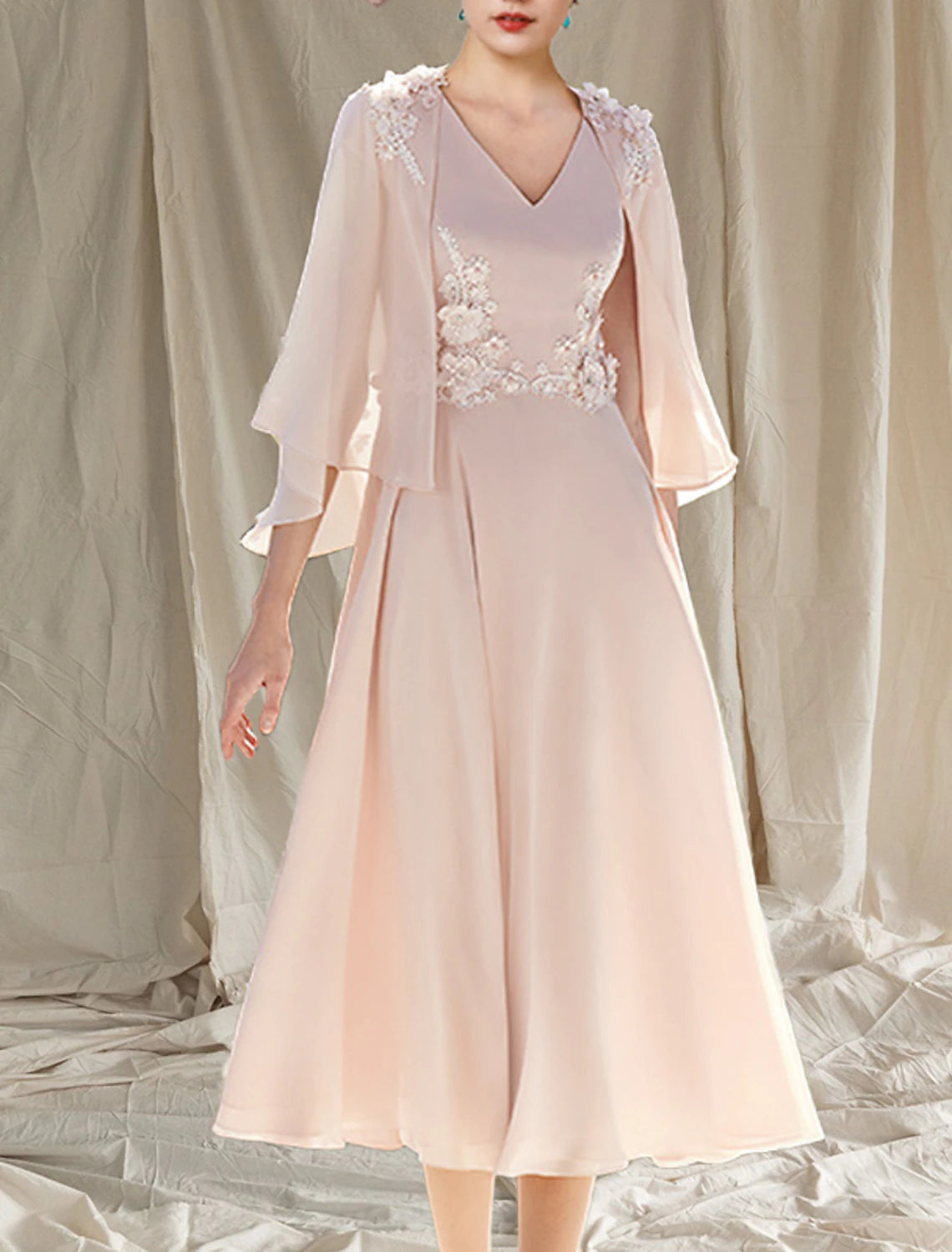 wholesale  Two Piece A-Line Mother of the Bride Dress Wedding Guest Church Elegant V Neck Tea Length Chiffon Sleeveless Wrap Included with Appliques