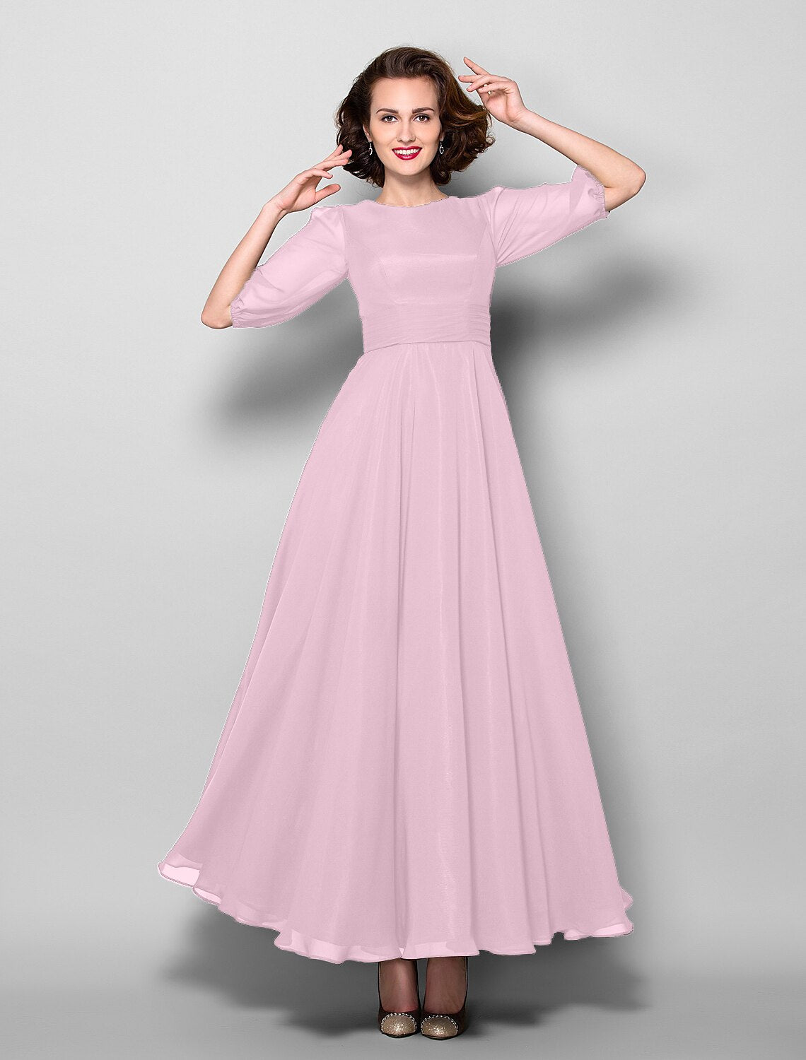wholesale  A-Line Mother of the Bride Dress Elegant Jewel Neck Ankle Length Chiffon Half Sleeve with Sash / Ribbon Ruched