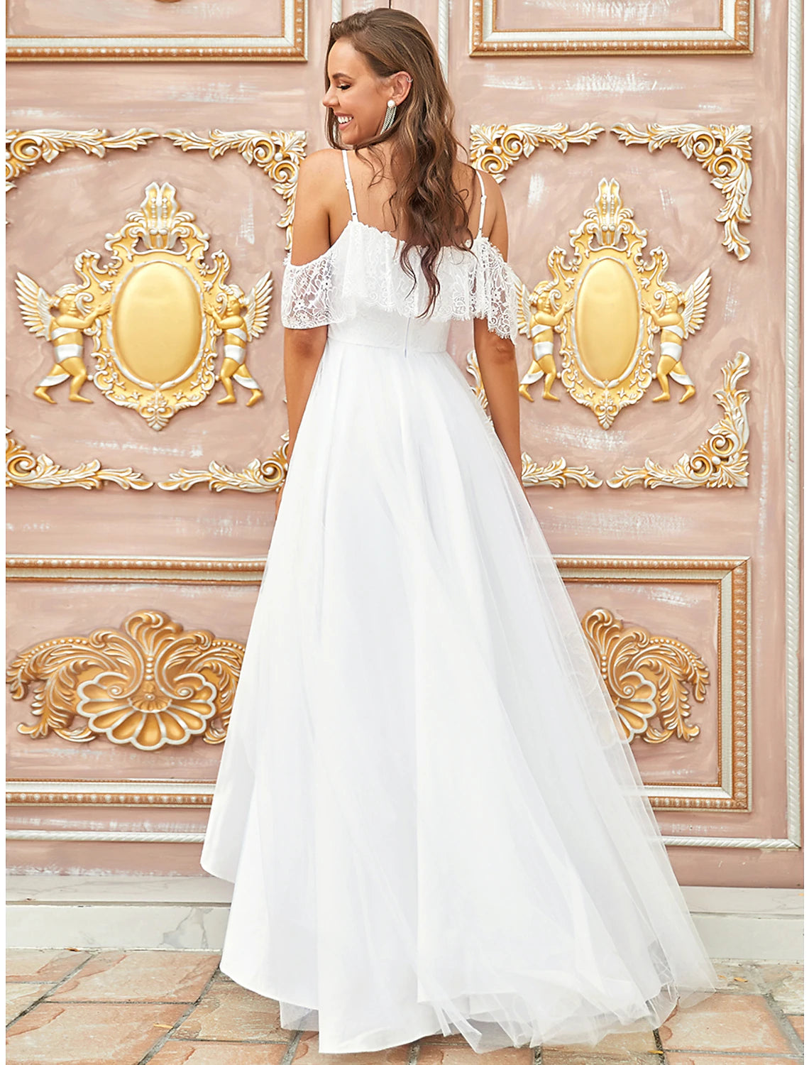 wholesale Reception Little White Dresses Boho Wedding Dresses A-Line Off Shoulder Short Sleeve Asymmetrical Lace Bridal Gowns With Lace Draping