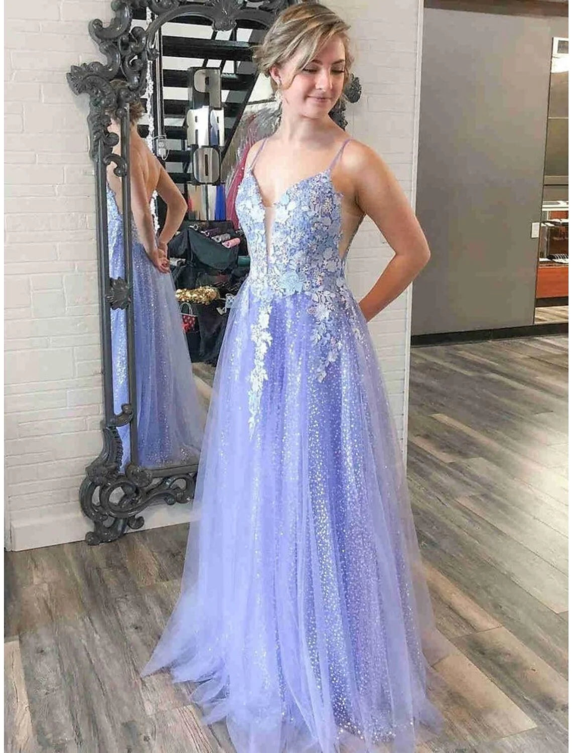 Wholesa A-Line Prom Dresses Sparkle & Shine Dress Formal Floor Length Sleeveless V Neck Tulle Backless with Pleats Sequin Appliques