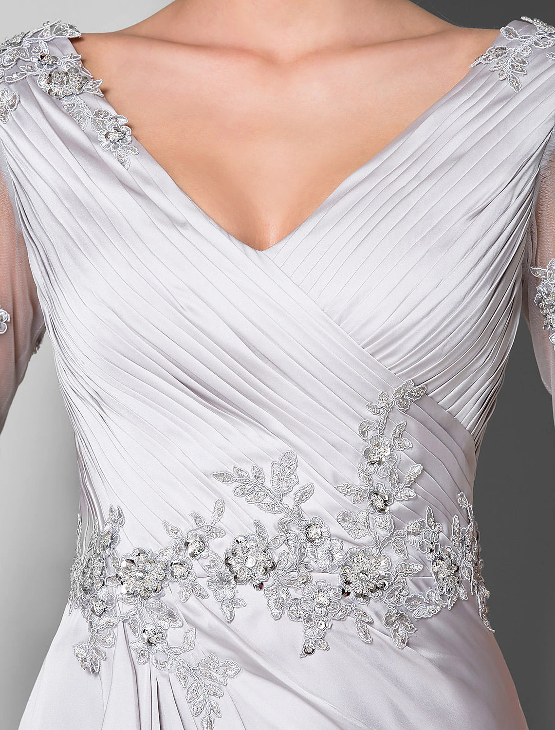 wholesale  A-Line Mother of the Bride Dress V Neck Sweep / Brush Train Satin Chiffon 3/4 Length Sleeve with Criss Cross Beading Applique