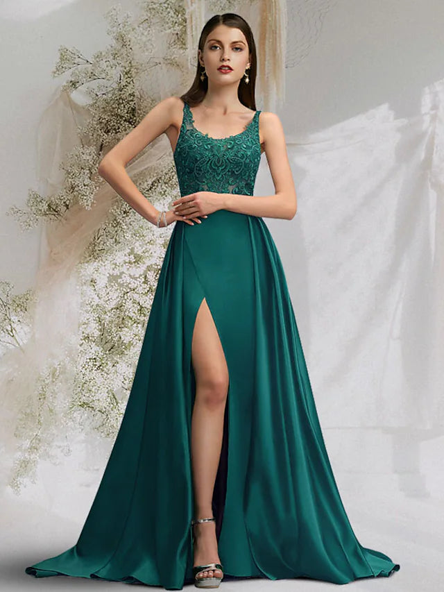 Wholesa A-Line Prom Dresses Maxi Dress Engagement Court Train Sleeveless Scoop Neck Charmeuse with Slit Overskirt Lace Insert