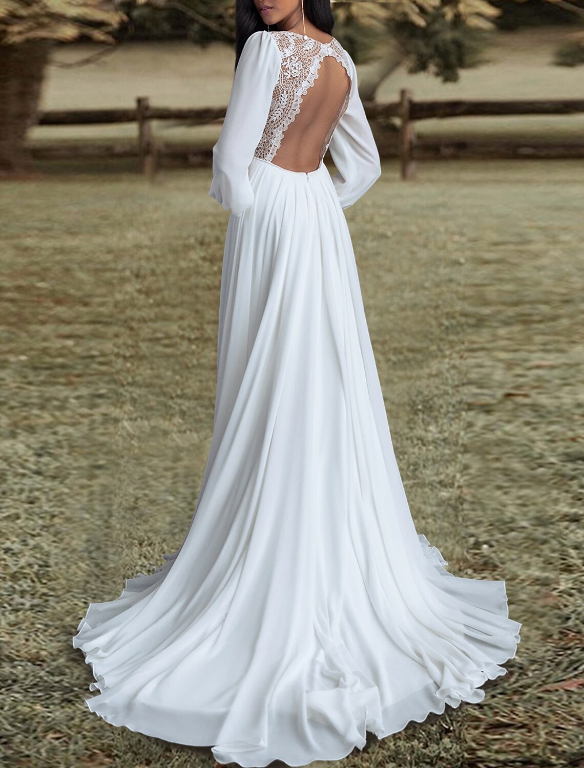 Wholesa Open Back Wedding Dresses A-Line V Neck Long Sleeve Sweep / Brush Train Chiffon Bridal Gowns With Pleats