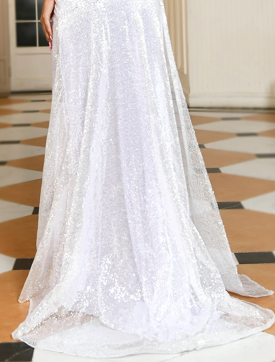 Wholesa Sheath / Column Evening Gown Convertible Dress Prom Sweep / Brush Train Short Sleeve Off Shoulder Satin with Sequin