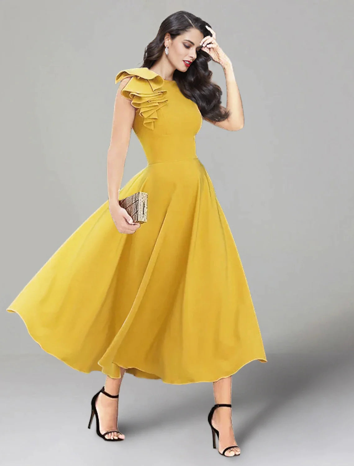 Wholesa A-Line Wedding Guest Dresses Backless Dress Summer Tea Length Sleeveless Jewel Neck Stretch Fabric with Ruffles