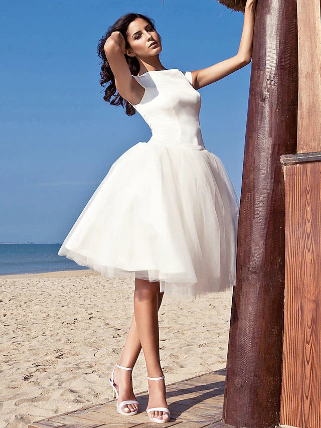 Wholesa Beach Little White Dresses Wedding Dresses Knee Length A-Line Cap Sleeve Bateau Neck Satin With Draping