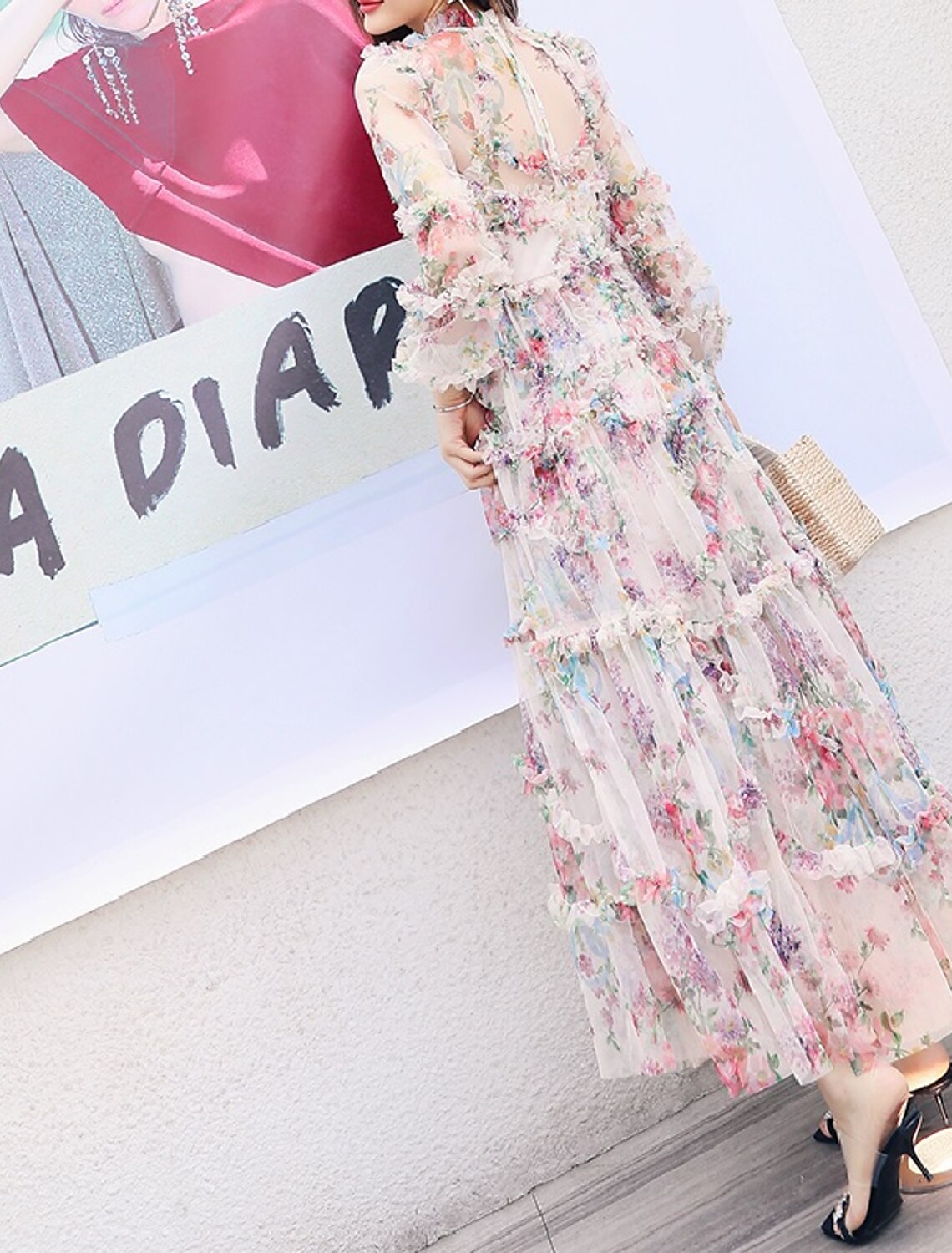 Wholesa A-Line Prom Dresses Floral Dress Wedding Guest Engagement Ankle Length Long Sleeve Jewel Neck Polyester with Ruffles Pattern / Print