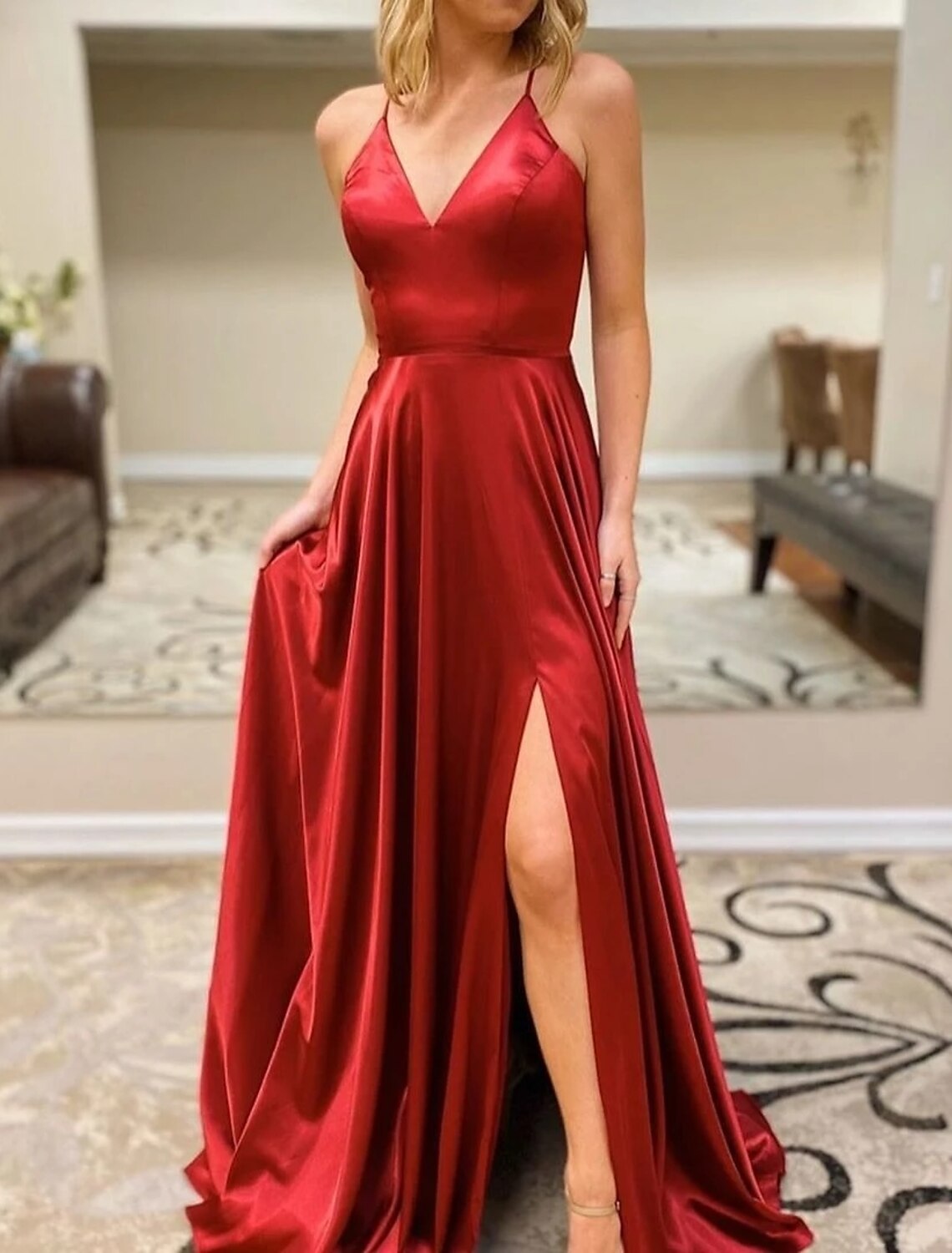 wholesale   A-Line Prom Dresses Open Back Dress Formal Wedding Guest Sweep / Brush Train Sleeveless V Neck Imitation Silk Backless with Slit