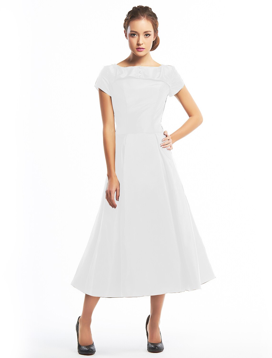 Wholesa  A-Line Black Dress Vintage Homecoming Wedding Guest Tea Length Short Sleeve Boat Neck Taffeta with Buttons