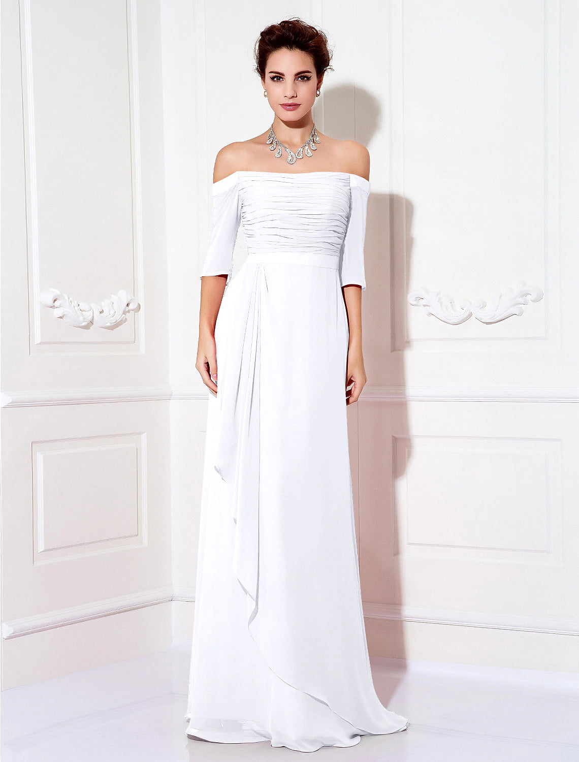 wholesa Sheath / Column Minimalist Dress Wedding Guest Formal Evening Sweep / Brush Train Half Sleeve Off Shoulder Bridesmaid Dress Chiffon with Ruched Draping