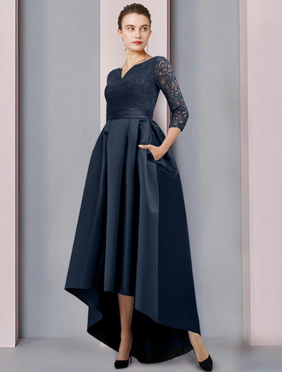 wholesale  A-Line Mother of the Bride Dress Wedding Guest Elegant High Low Scoop Neck Asymmetrical Tea Length Satin Lace 3/4 Length Sleeve with Pleats Appliques