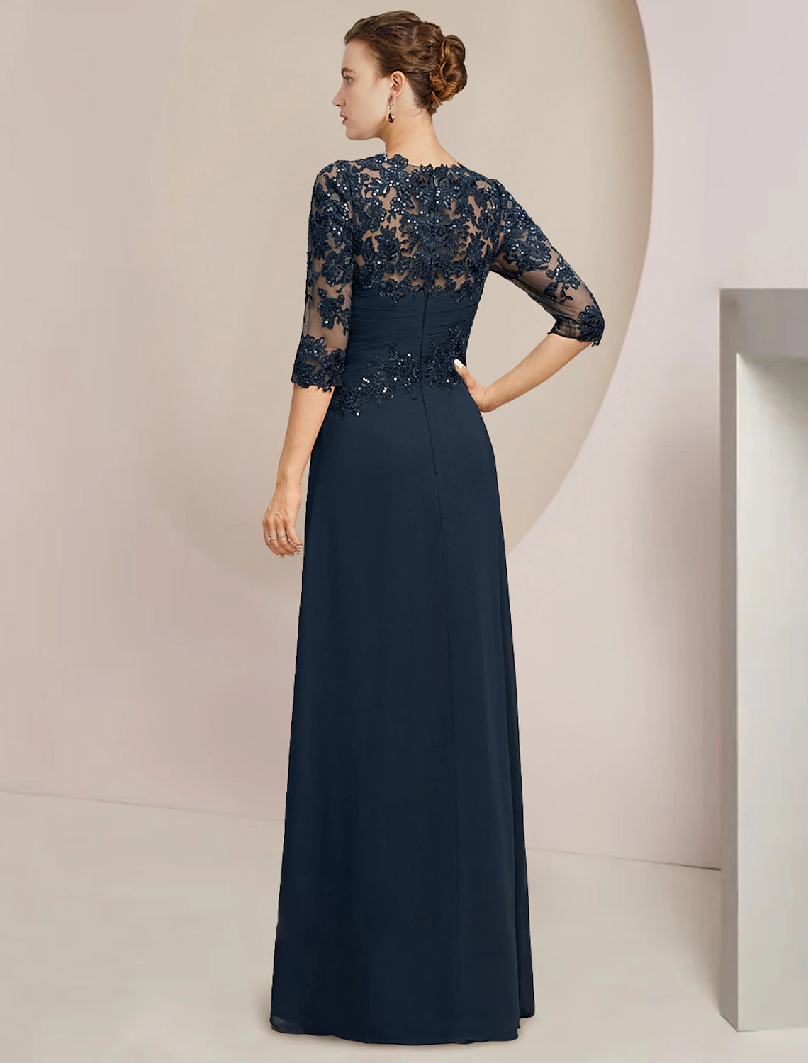 Wholesa A-Line Mother of the Bride Dress Formal Wedding Guest Elegant Jewel Neck Floor Length Chiffon Lace Sequined Half Sleeve with Sequin Ruching