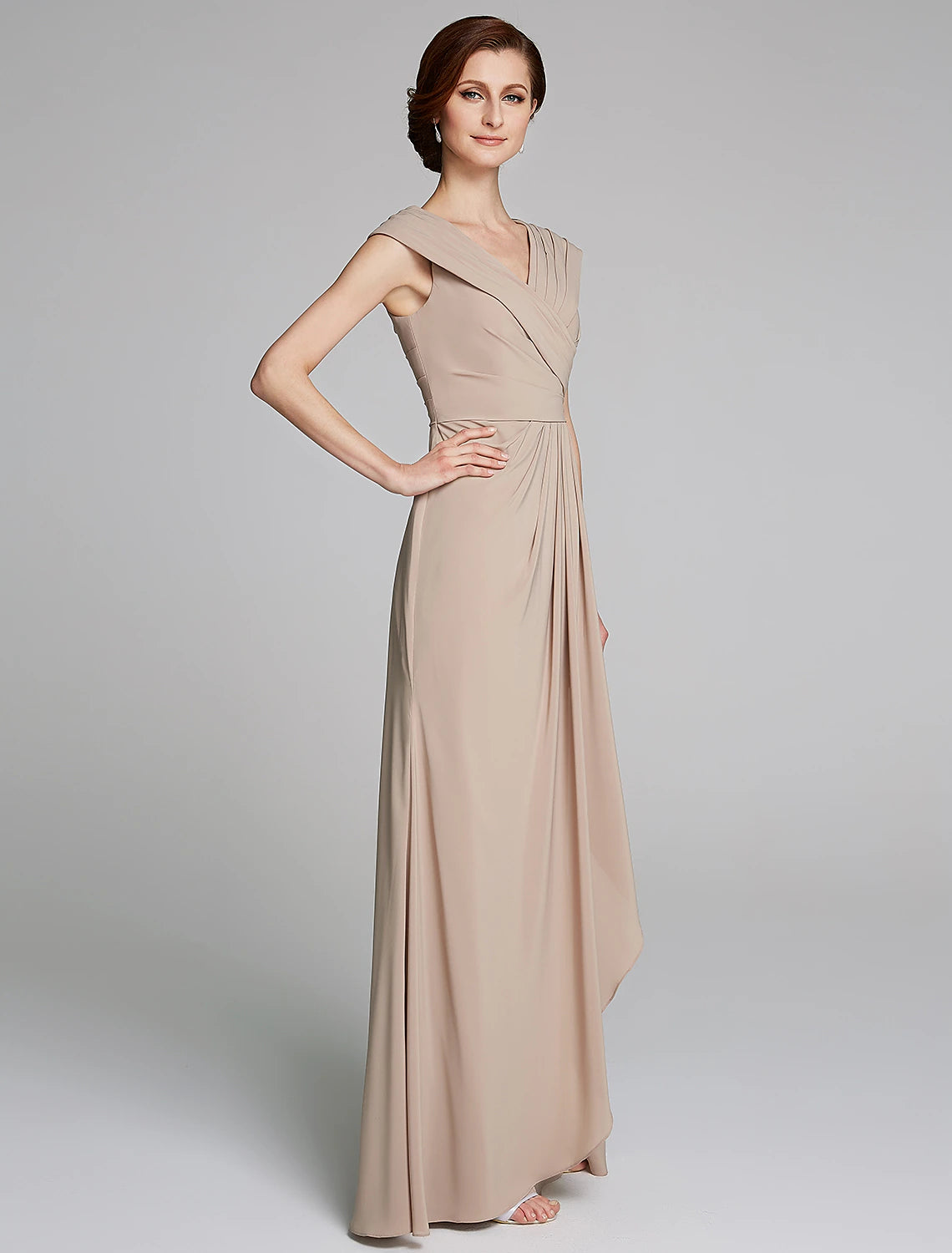 wholesale  Sheath / Column Mother of the Bride Dress Elegant V Neck Floor Length Jersey Short Sleeve with Pleats