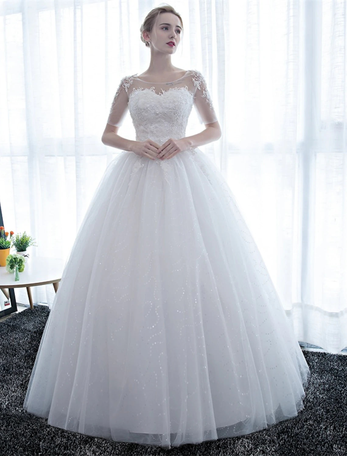 wholesale  Reception Formal Wedding Dresses Ball Gown Illusion Neck Half Sleeve Floor Length Satin Bridal Gowns With Lace