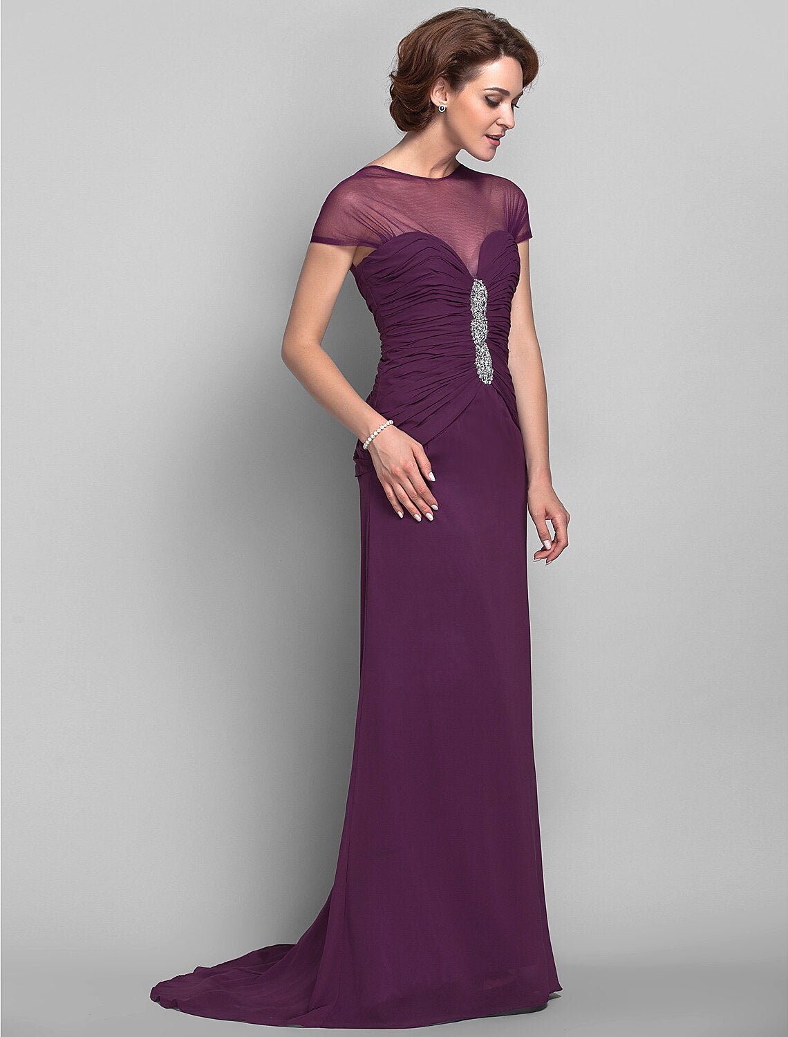 wholesale   Sheath / Column Mother of the Bride Dress See Through Jewel Neck Sweep / Brush Train Chiffon Tulle Short Sleeve with Beading Side Draping