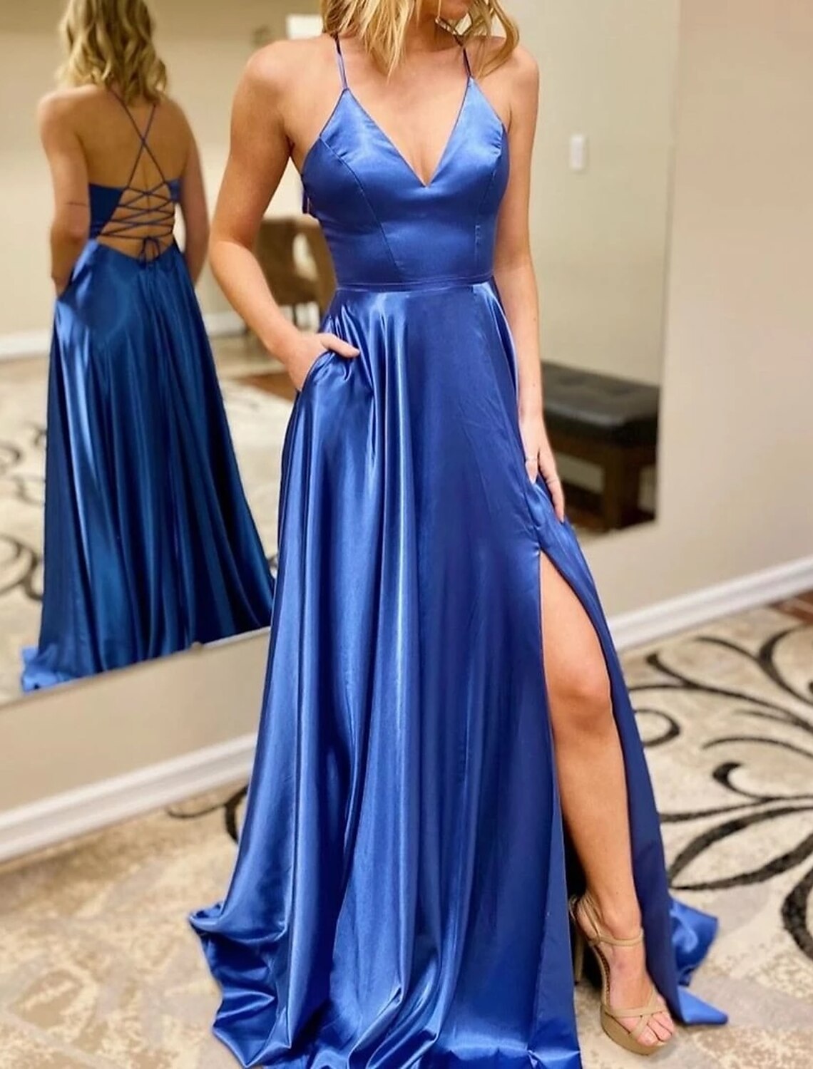 wholesale   A-Line Prom Dresses Open Back Dress Formal Wedding Guest Sweep / Brush Train Sleeveless V Neck Imitation Silk Backless with Slit