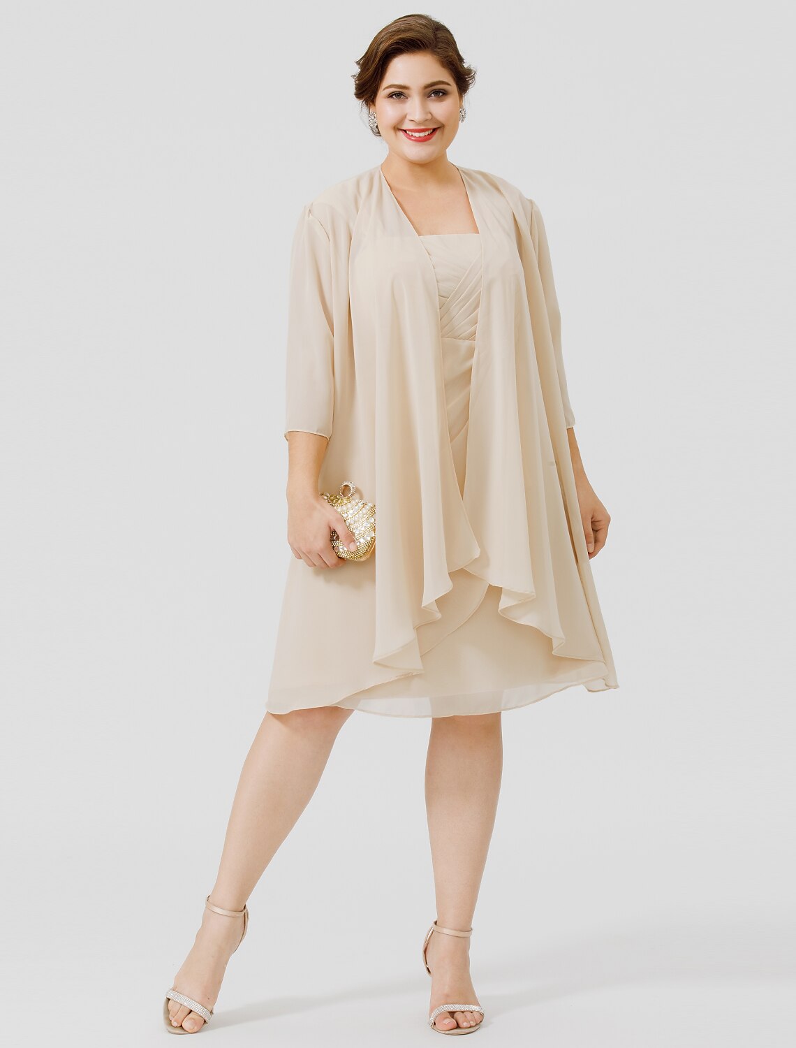 wholesale  Sheath / Column Mother of the Bride Dress Plus Size Elegant Straps Knee Length Chiffon Sheer Lace Sleeveless yes with Criss Cross