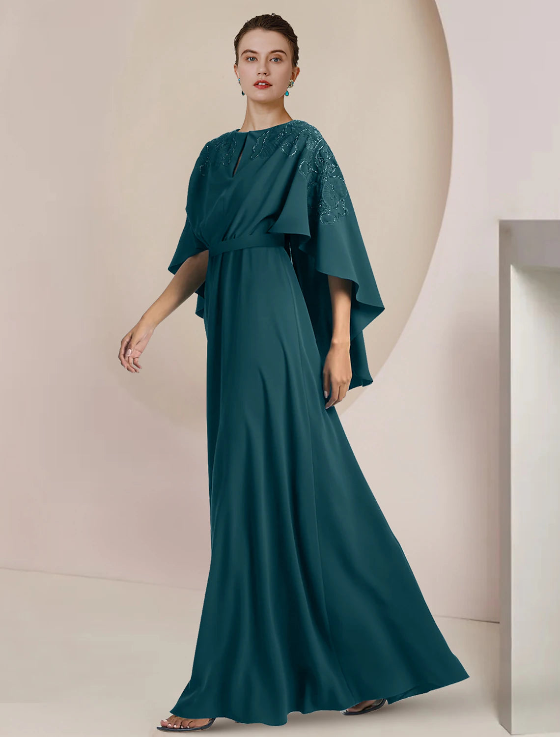 wholesale  A-Line Mother of the Bride Dress Formal Wedding Guest Elegant V Neck Floor Length Stretch Chiffon Sleeveless with Beading