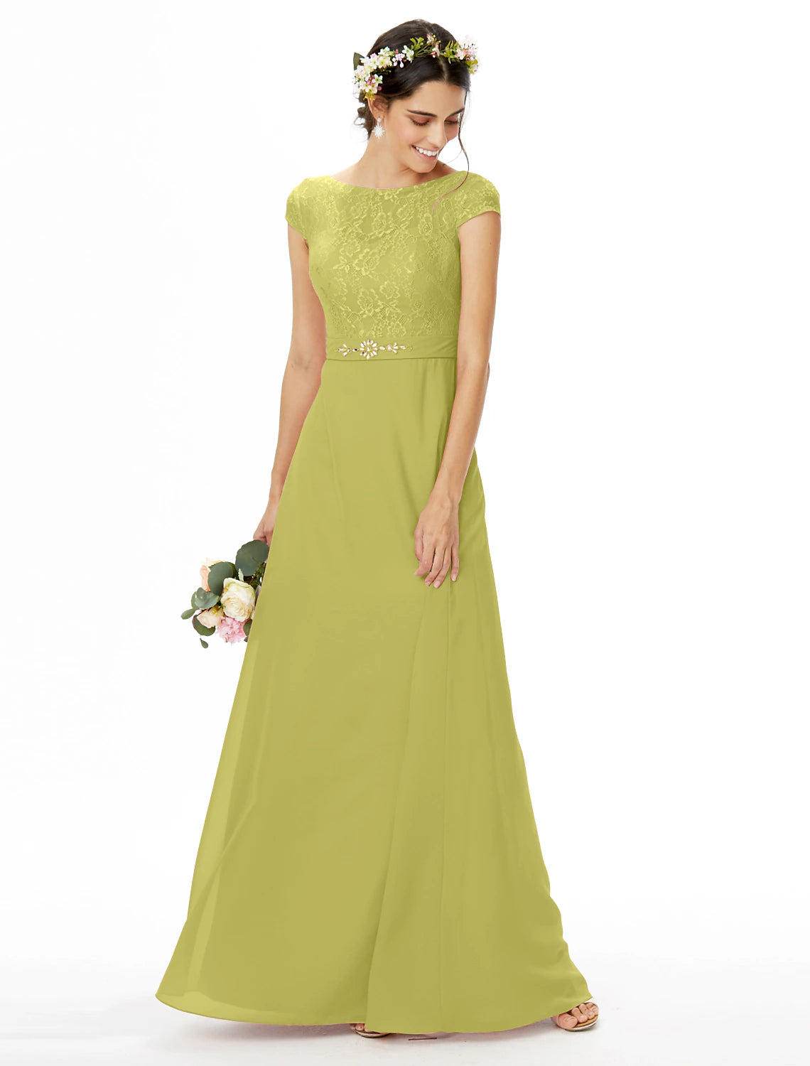 wholesale   Sheath / Column Bridesmaid Dress Bateau Neck Short Sleeve Elegant Floor Length Chiffon / Lace with Lace / Sash / Ribbon / Bow(s)