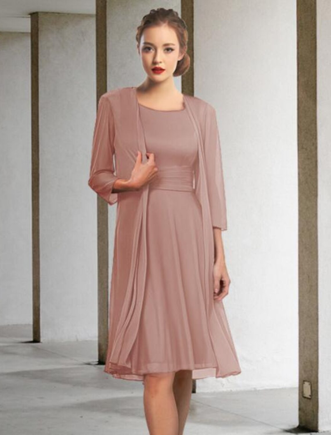 wholesale   Two Piece A-Line Mother of the Bride Dress Elegant Jewel Neck Knee Length Chiffon Sleeveless with Pleats