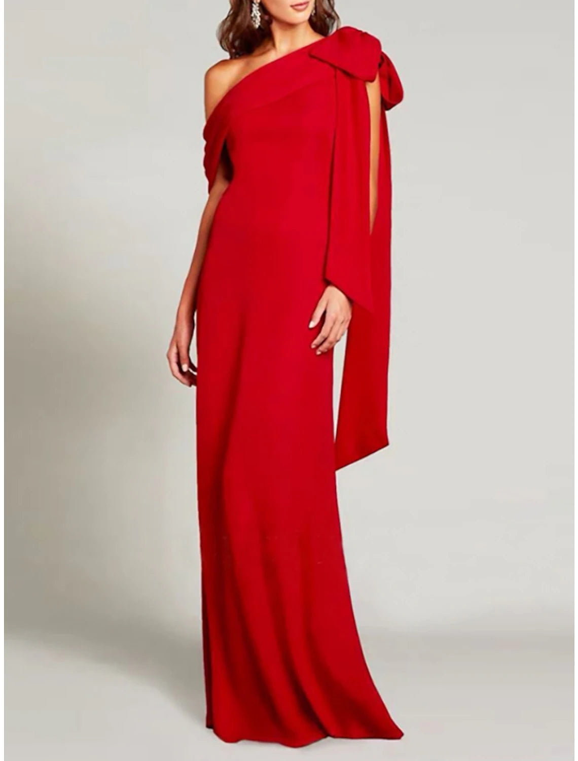 Wholesa Sheath / Column Evening Gown Elegant Dress Formal Sweep / Brush Train Christmas Red Green Dress Short Sleeve One Shoulder Charmeuse with Bow(s) Pleats Slit