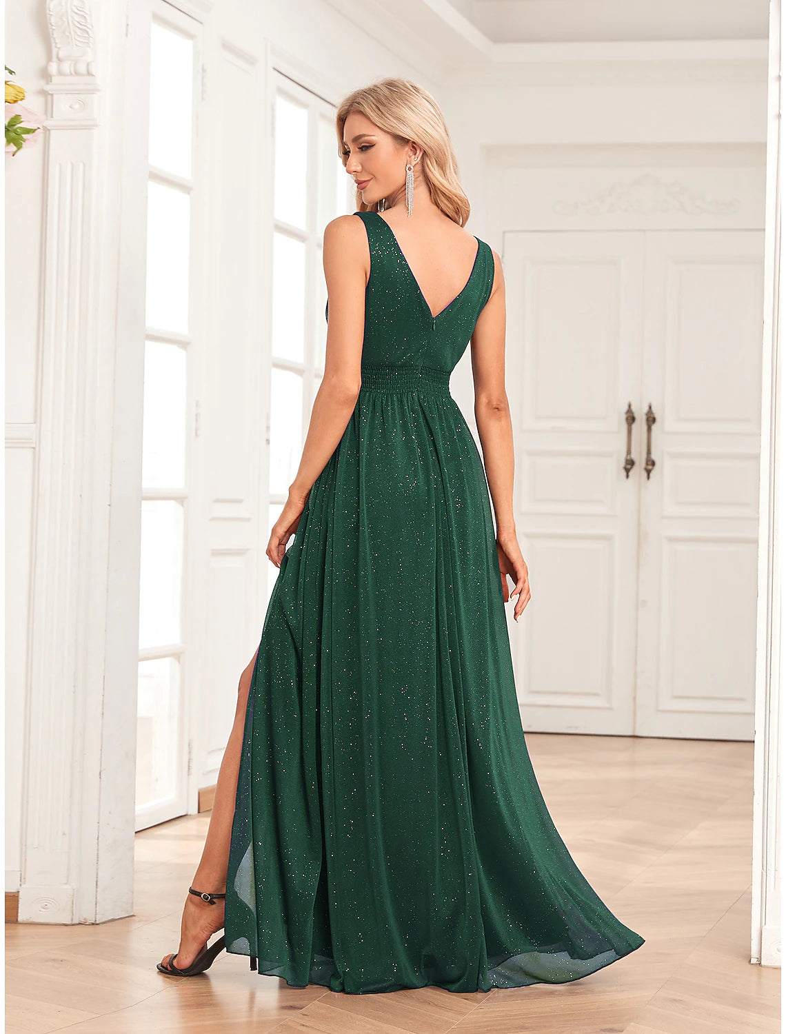 Wholesa A-Line Evening Gown Empire Dress Party Wear Floor Length Sleeveless V Neck Spandex V Back with Glitter Slit