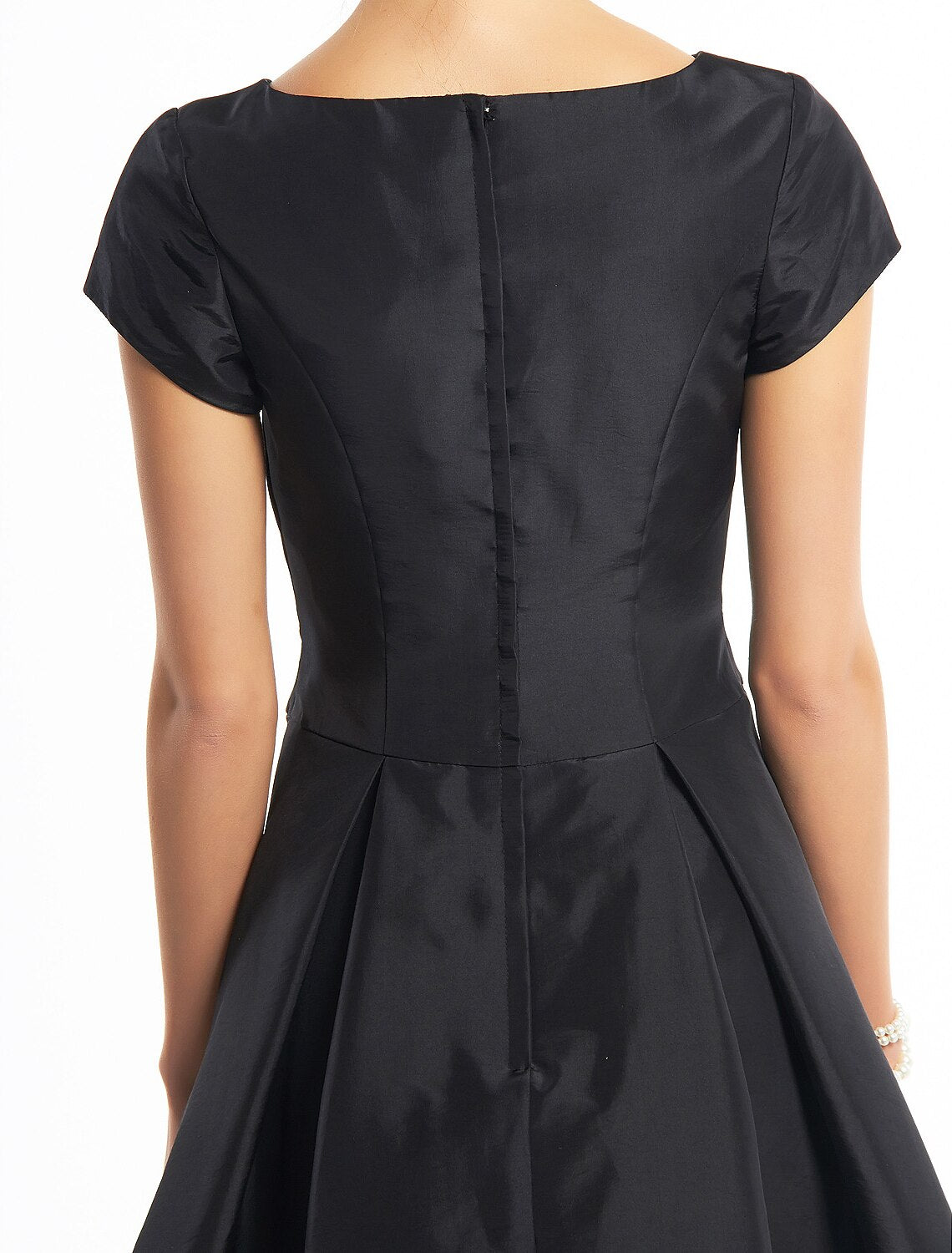Wholesa  A-Line Black Dress Vintage Homecoming Wedding Guest Tea Length Short Sleeve Boat Neck Taffeta with Buttons