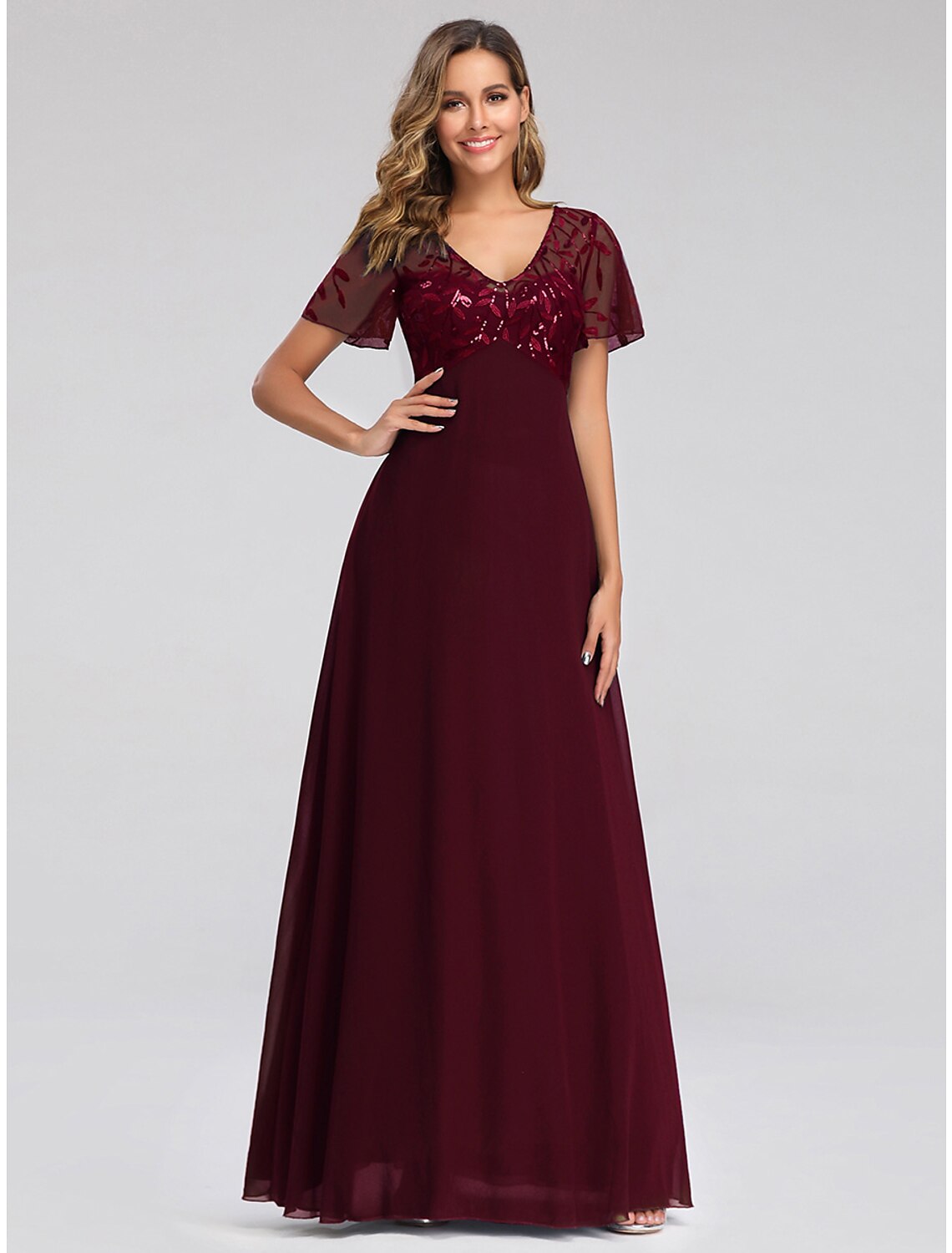 wholesa A-Line Wedding Guest Dresses Elegant Dress Fall Floor Length Short Sleeve V Neck Bridesmaid Dress Tulle with Sequin Appliques