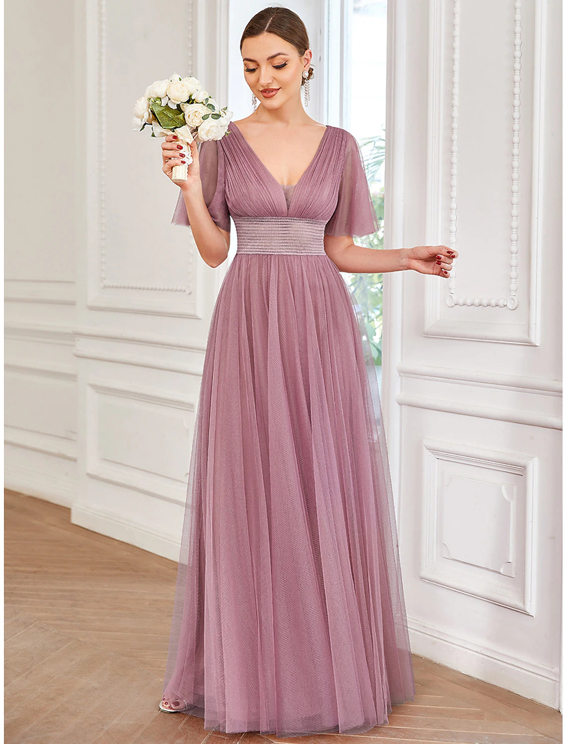 wholesale  A-Line Bridesmaid Dress V Neck Short Sleeve Plus Size Floor Length Tulle with Ruffles / Draping / Tier