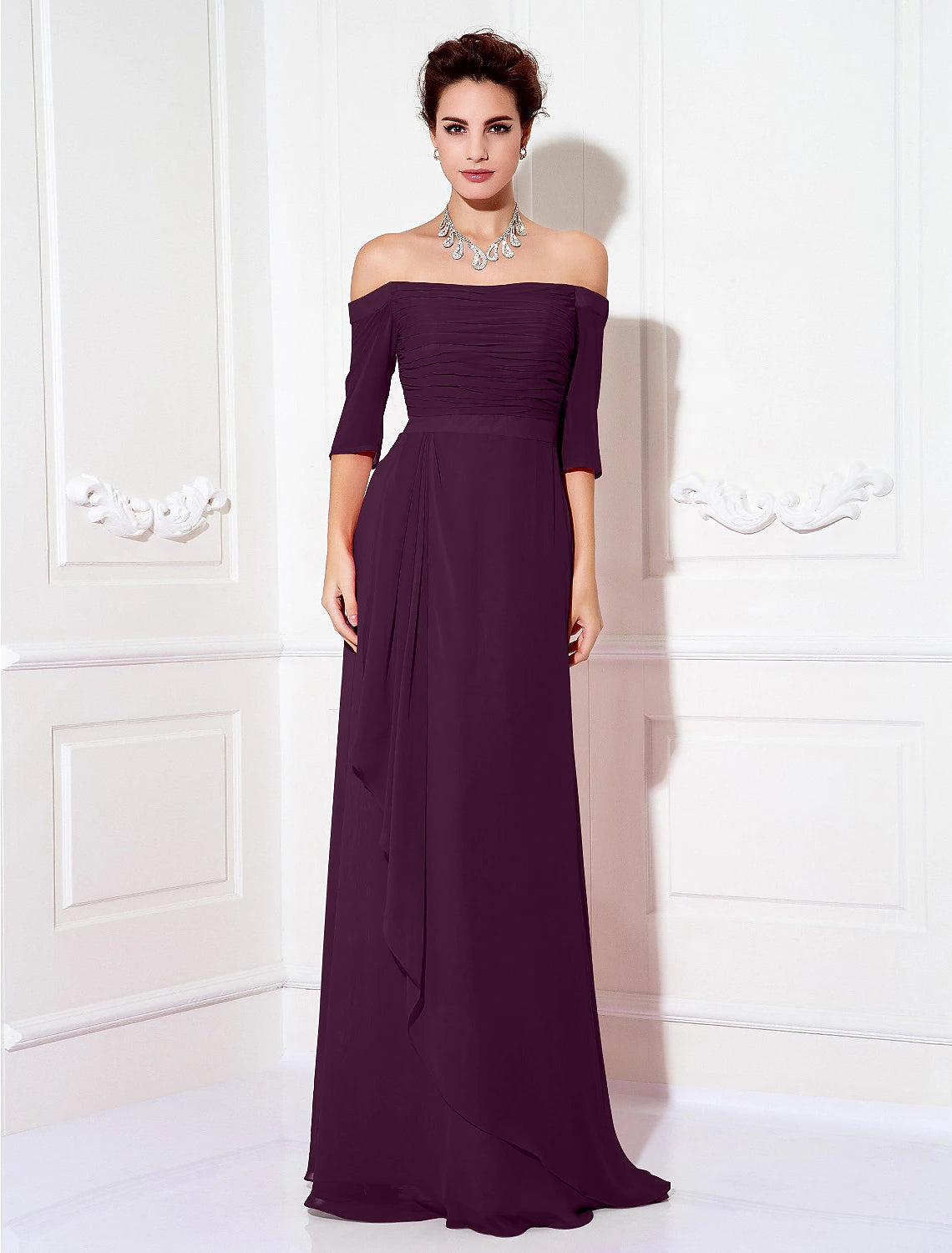 wholesa Sheath / Column Minimalist Dress Wedding Guest Formal Evening Sweep / Brush Train Half Sleeve Off Shoulder Bridesmaid Dress Chiffon with Ruched Draping