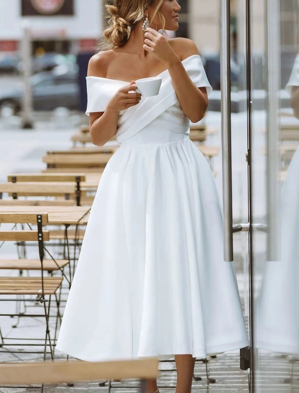 Wholesa Little White Dresses Formal Wedding Dresses A-Line Off Shoulder Short Sleeve Tea Length Satin Bridal Gowns With Solid Color