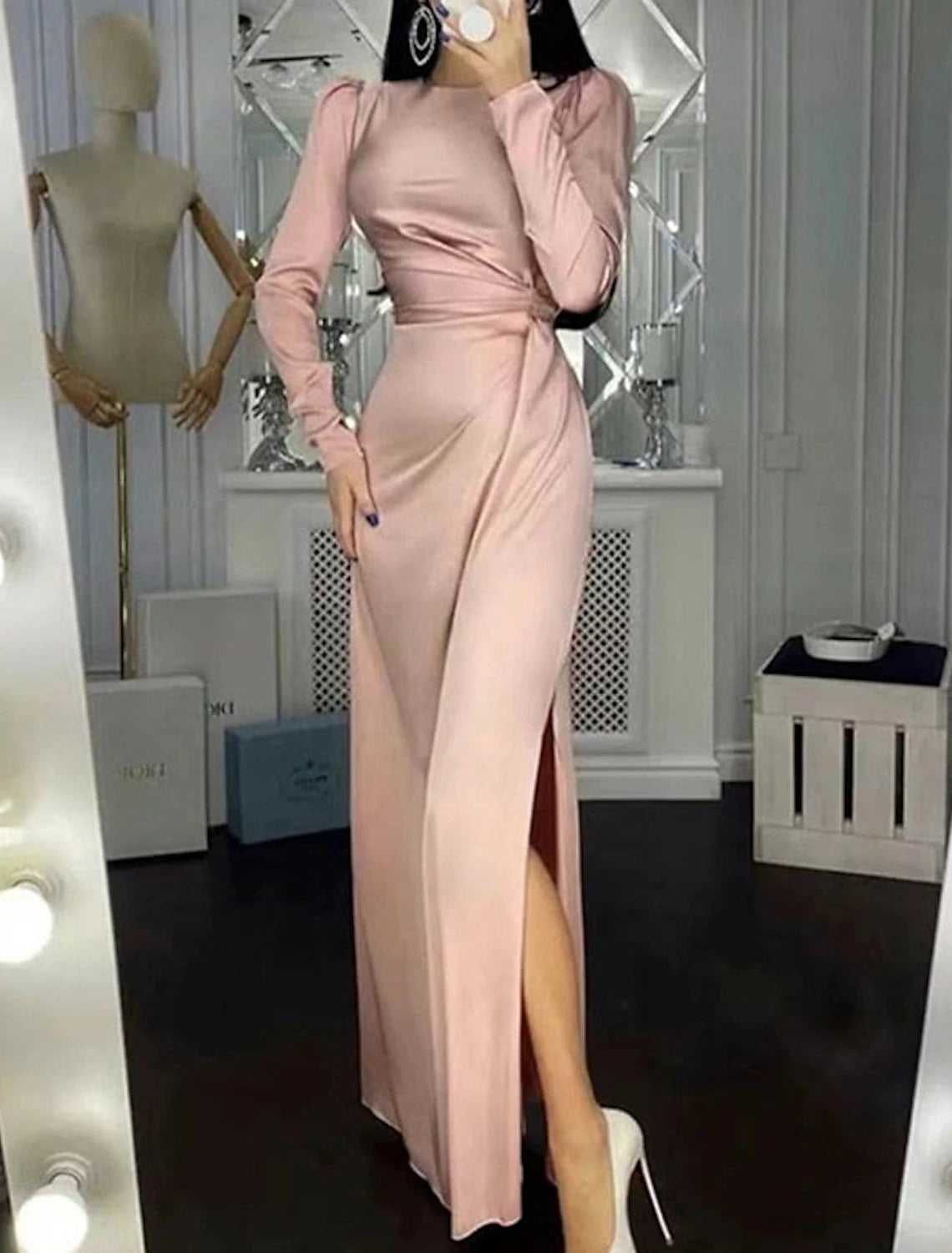 Wholesa Sheath / Column Evening Gown Elegant Dress Wedding Guest Fall Floor Length Long Sleeve High Neck Bridesmaid Dress Satin with Ruched
