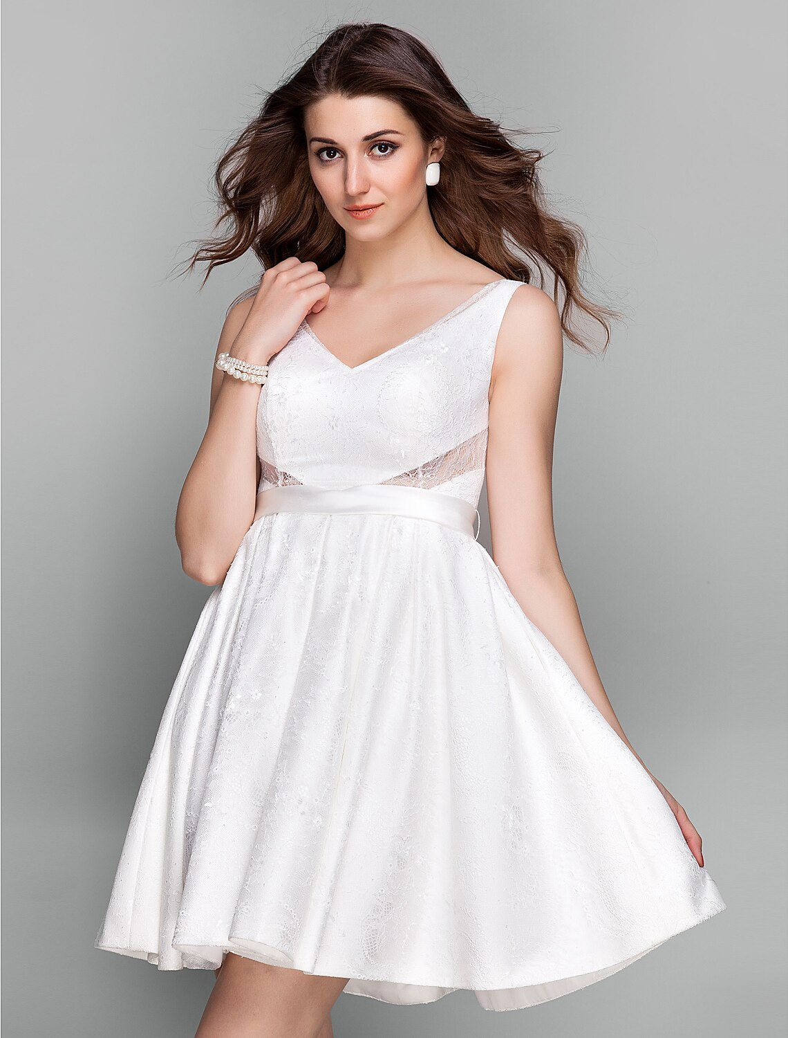 wholesale  A-Line Fit & Flare Cute Dress Holiday Homecoming Short / Mini Sleeveless V Neck Lace with Sash / Ribbon