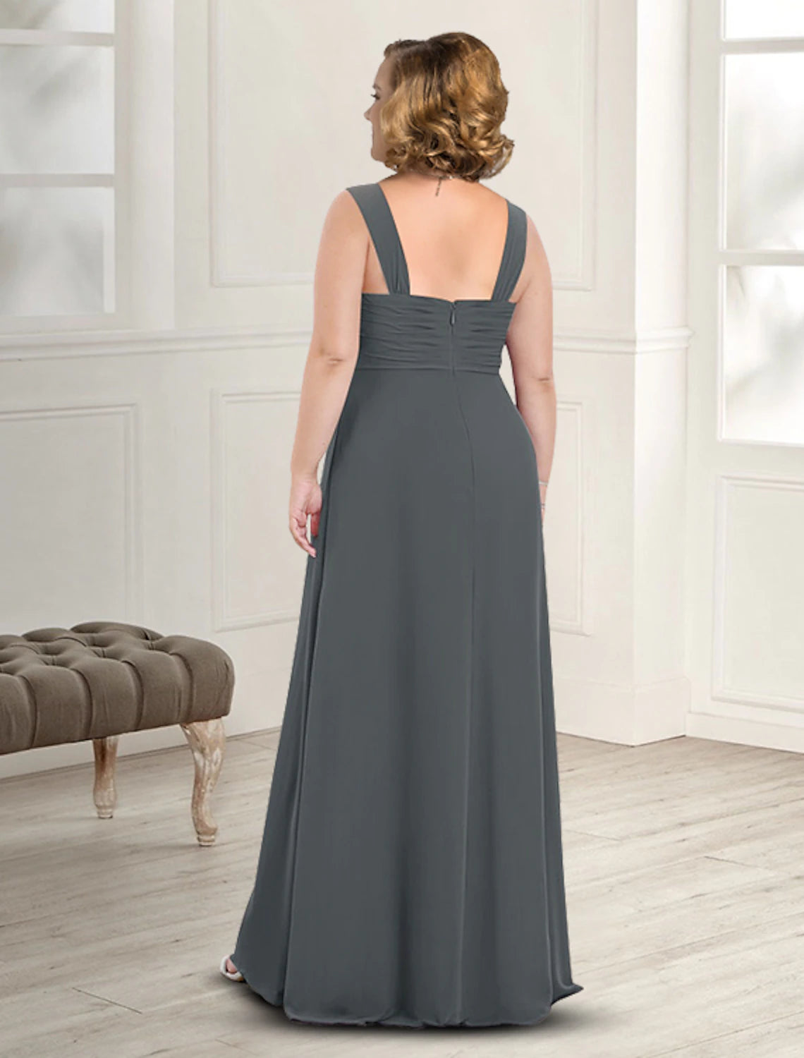 wholesale   Two Piece A-Line Mother of the Bride Dress Fall Wedding Guest Dresses Plus Size Elegant Square Neck Floor Length Chiffon Sleeveless Jacket Dresses with Pleats
