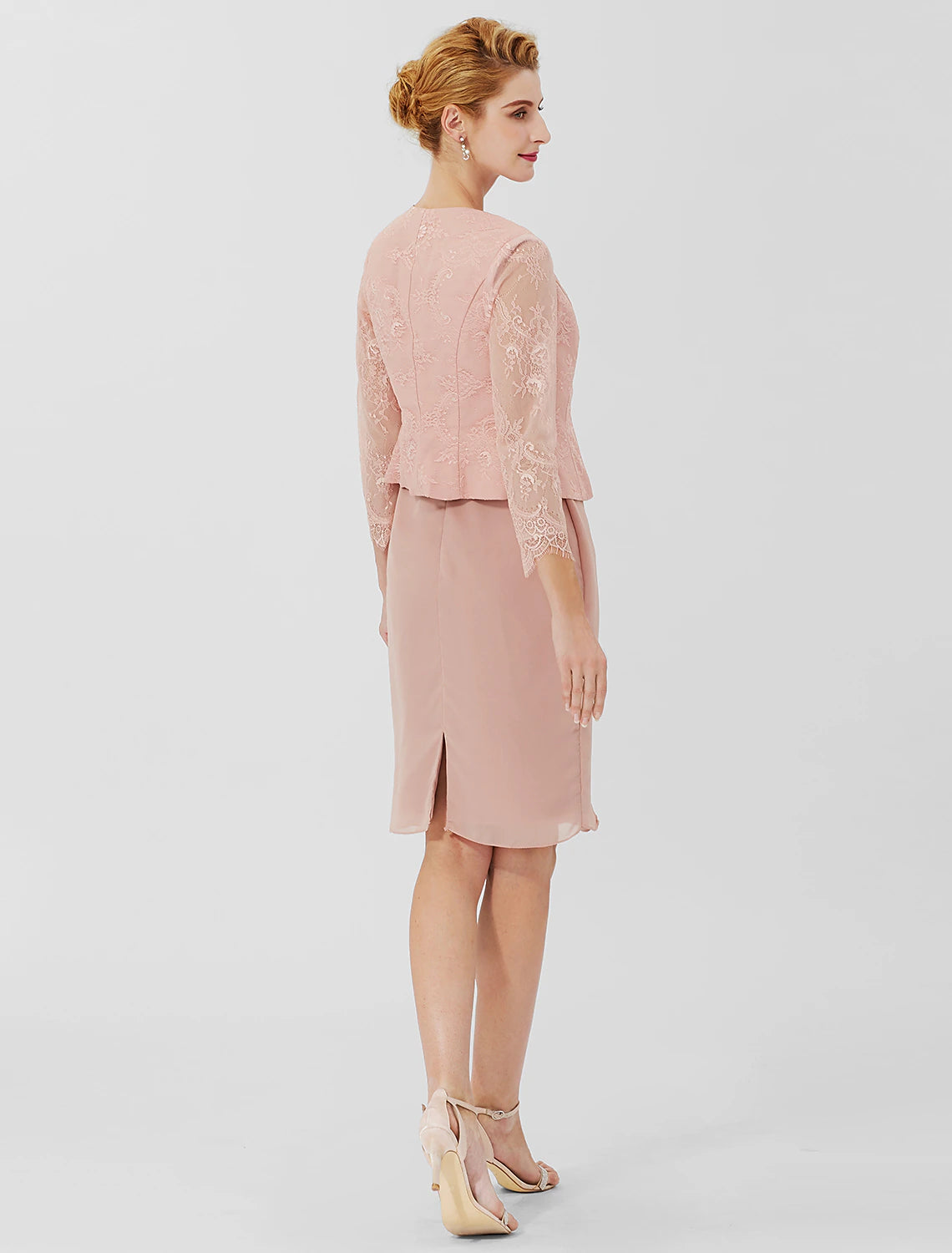 wholesale  Sheath / Column Mother of the Bride Dress Formal Classic & Timeless Elegant & Luxurious Convertible Dress Jewel Neck Knee Length Chiffon Sheer Lace 3/4 Length Sleeve with Sash / Ribbon