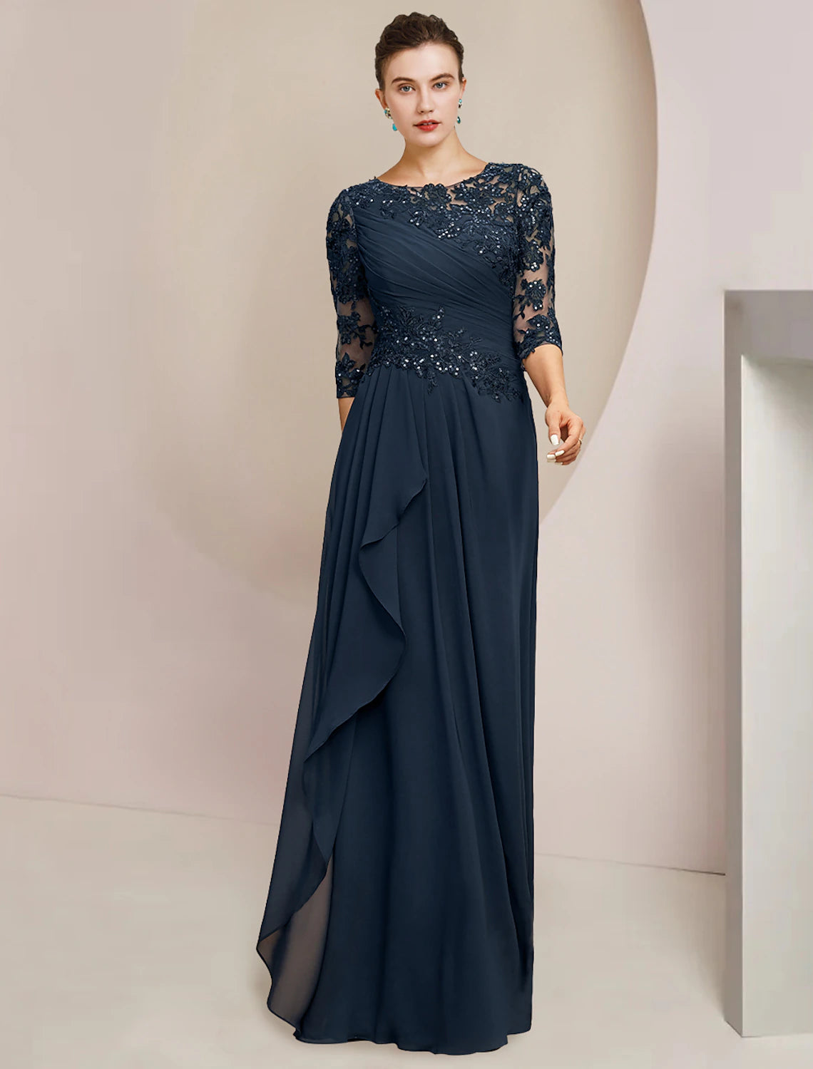 Wholesa A-Line Mother of the Bride Dress Formal Wedding Guest Elegant Jewel Neck Floor Length Chiffon Lace Sequined Half Sleeve with Sequin Ruching