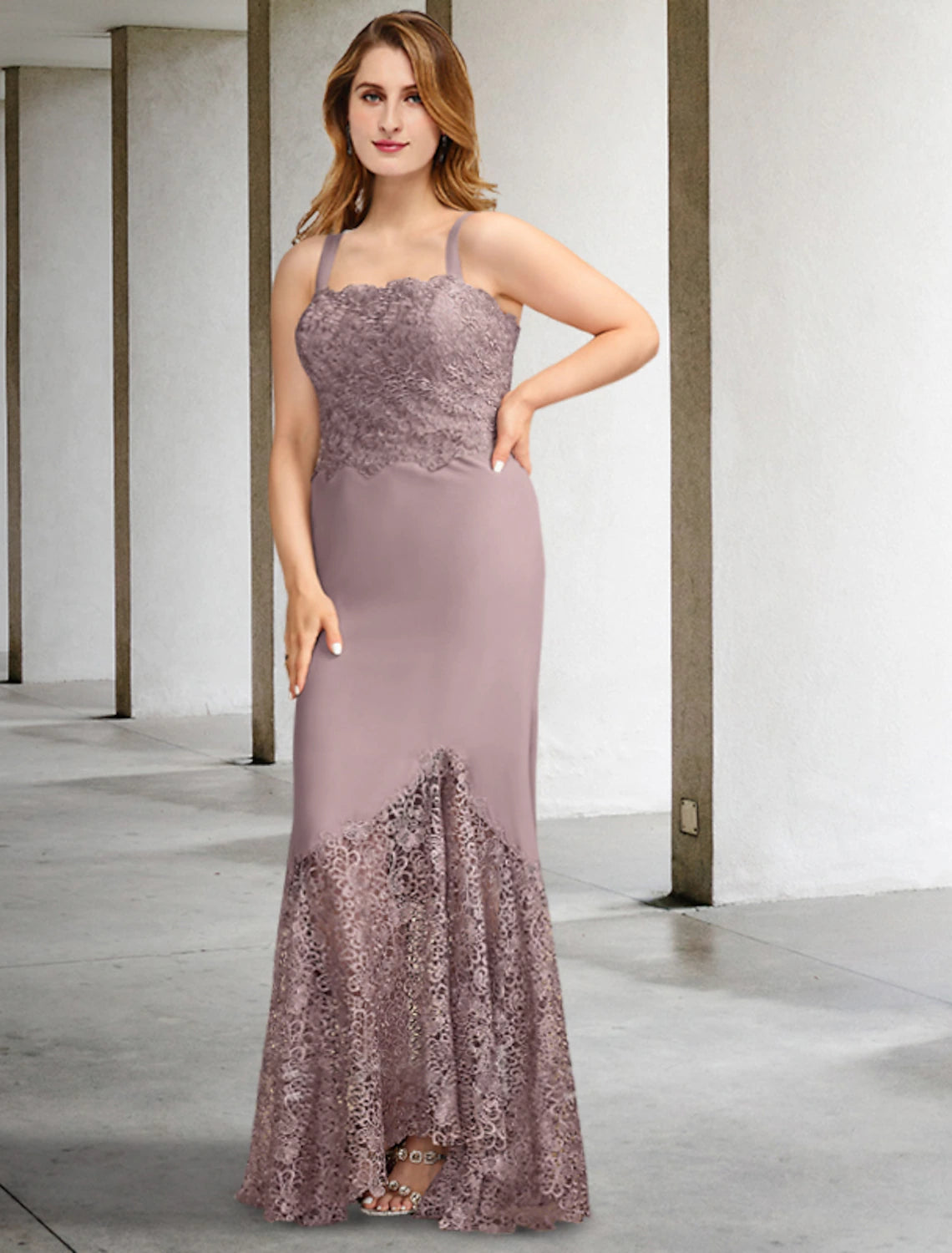 wholesale  Two Piece A-Line Mother of the Bride Dresses Plus Size Hide Belly Curve Elegant Dress Formal Asymmetrical Sleeveless Square Neck Chiffon with Appliques Splicing
