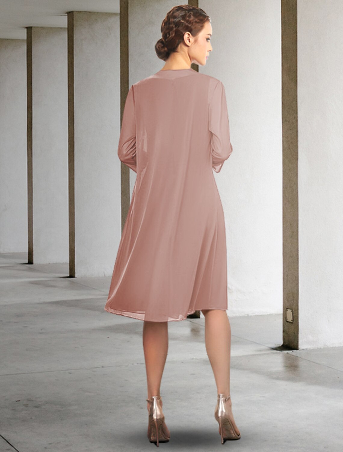 wholesale   Two Piece A-Line Mother of the Bride Dress Elegant Jewel Neck Knee Length Chiffon Sleeveless with Pleats