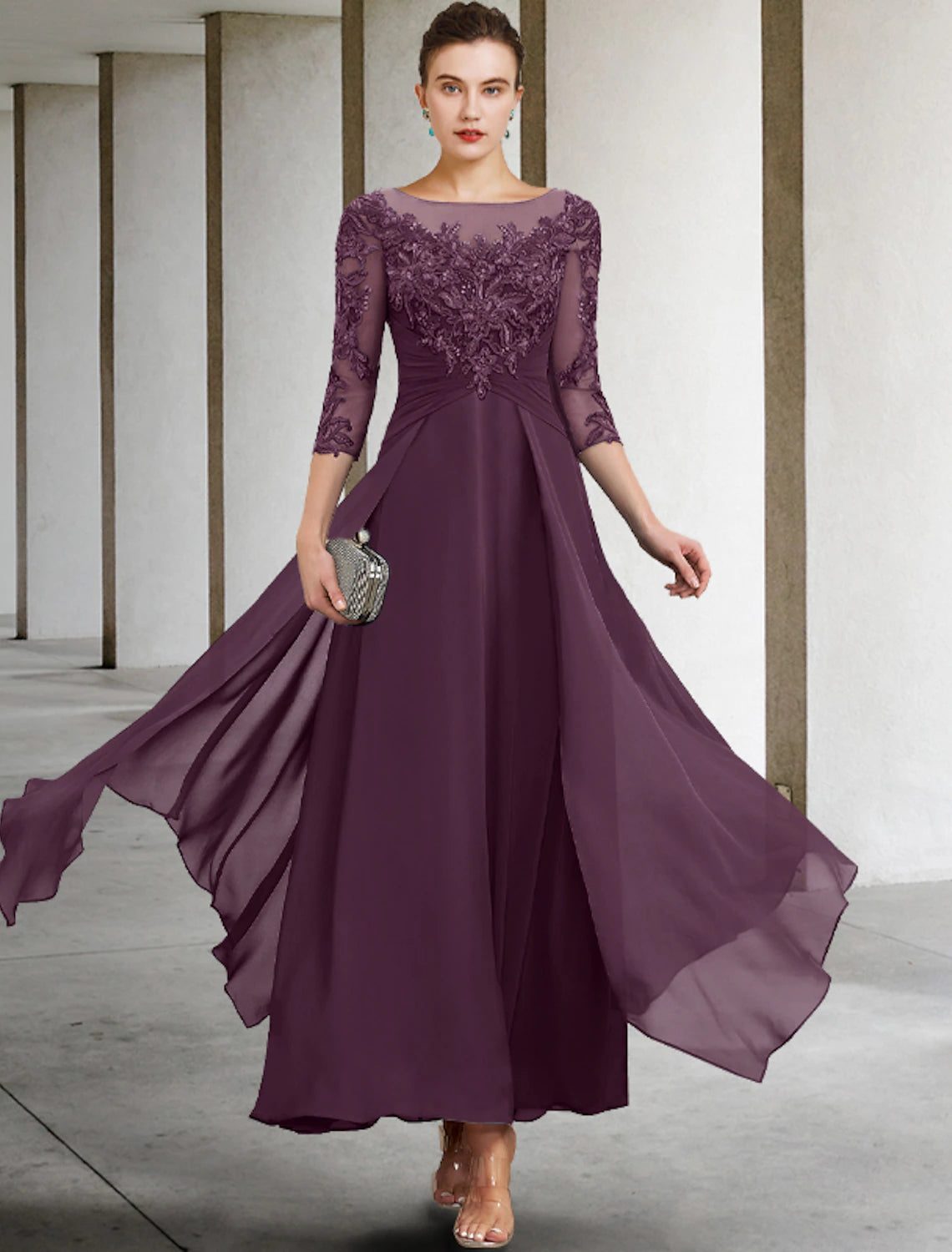 wholesale  A-Line Mother of the Bride Dress Appliques Fall Wedding Guest Plus Size Elegant Scoop Neck Ankle Length Chiffon Lace Sequin 3/4 Length Sleeve with Ruched